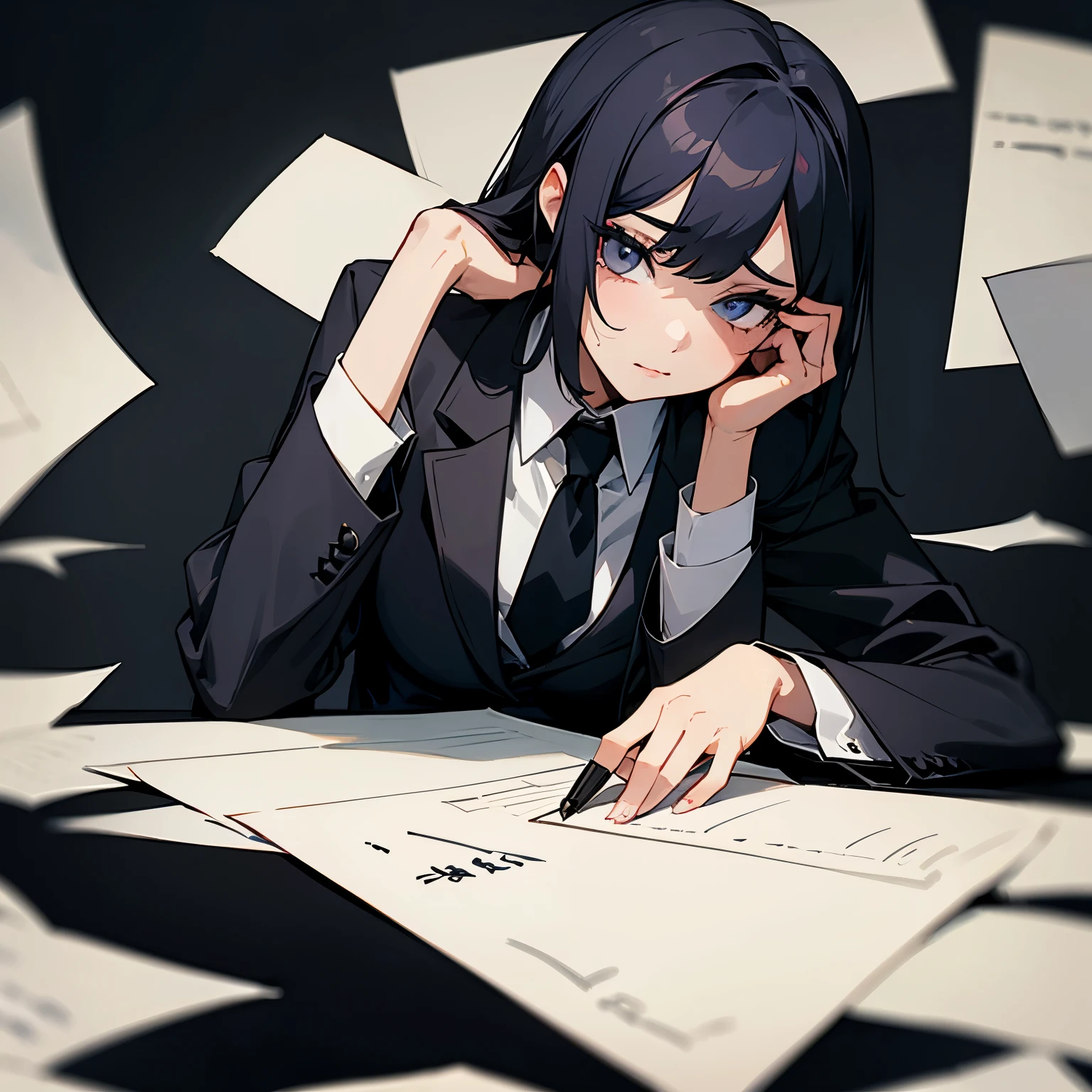 A mafia girl writing with black pen wearing black cloths on an old paper