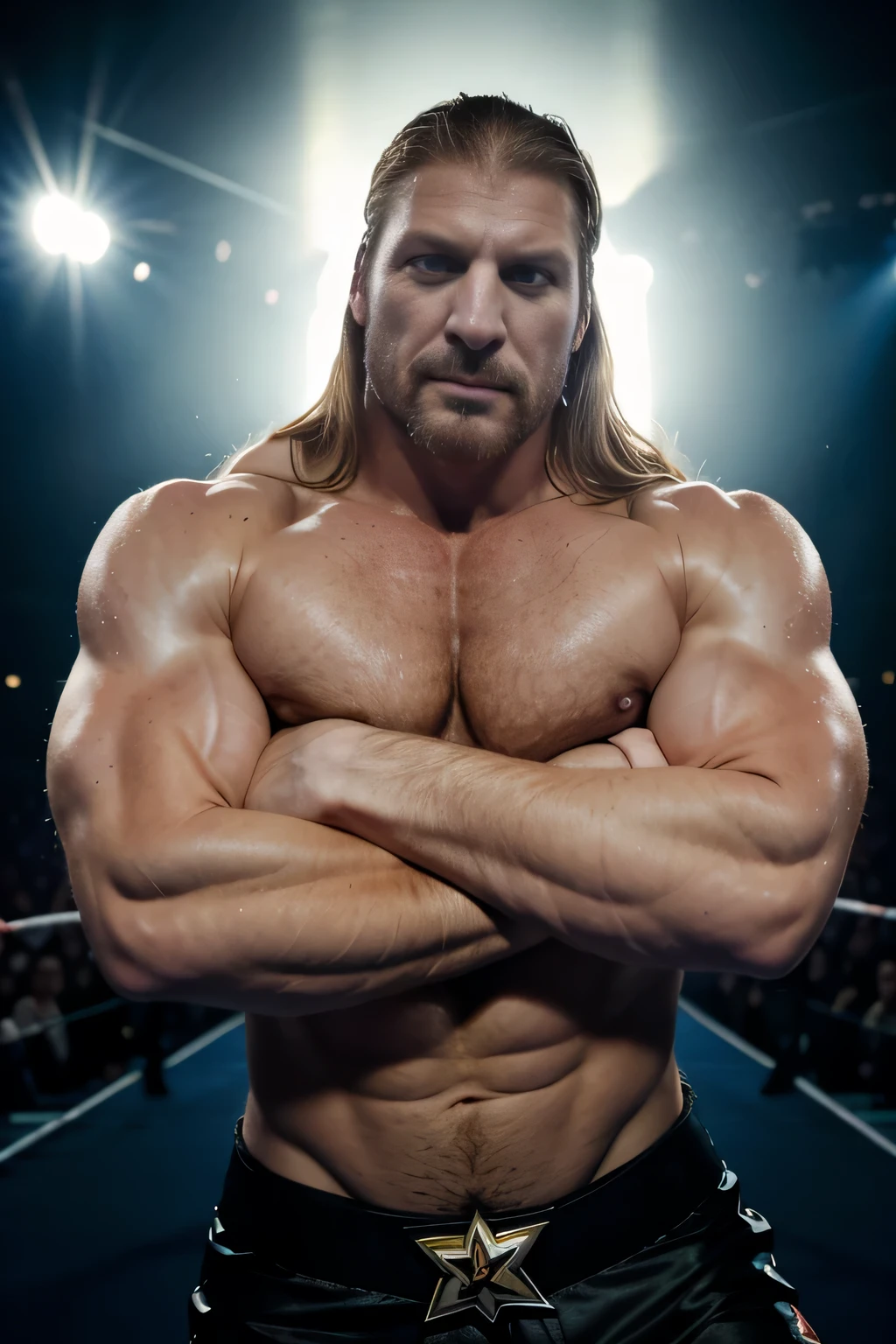 Triple H: professional wrestling, intense, powerful, muscular, charismatic, dominant, WWE superstar, iconic, legendary, long hair, ripped physique, athletic, muscular arms, charismatic smile, intense stare, championship belt, microphone skills, in-ring ability, high-flying moves, pedigrees, spinebusters, sledgehammer, entrance theme, WrestleMania moments, crowd reaction, championship reigns, wrestling dynasty, COO of WWE, authority figure