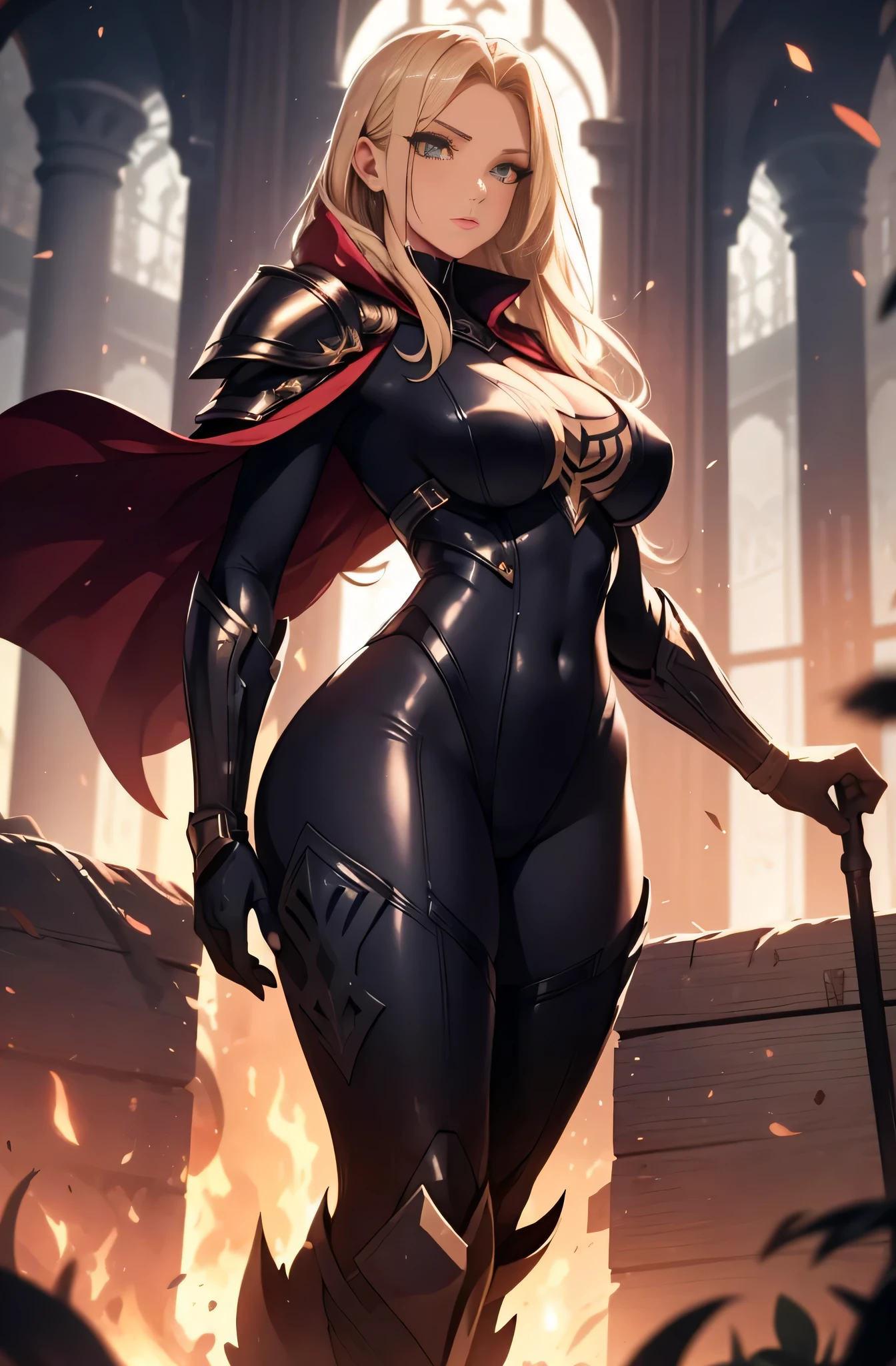 high priestess，Robe，mature woman, female，voluptuous figure，tightsuit，blonde hair, Female, alone, paladin of light, human, light powers, expert fighter, detailed eyes, beautifull face, long hair, defined body, yellow and bright eyes, thick legs, strong legs, tall, Voluptuous legs, black armor, female paladin, huge ass, big hip, big ass, wearing black coat, black and red robes, detailed eyes, big hips, medium armor, tall girl,