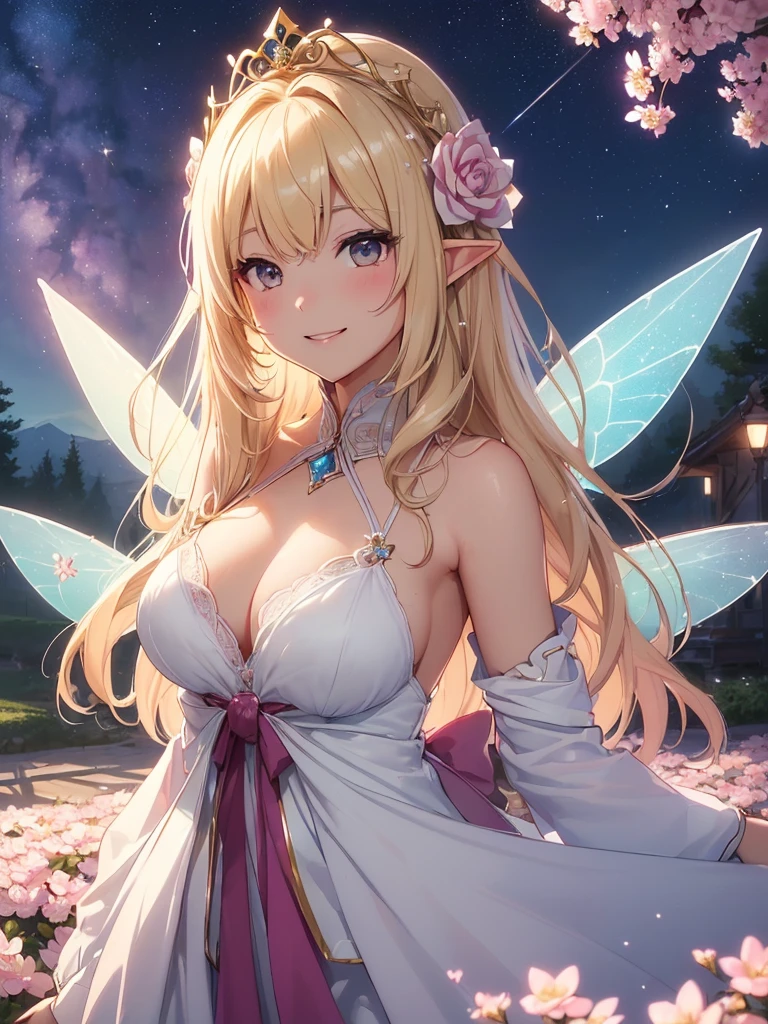 最high quality、best image quality、masterpiece、beautiful face、、titania、Super beautiful elf beauty((22 year old office lady big bust、bust 90,beautiful long ironed hair、blonde、Transparent fairy wings、height: 165cm。thin、sexy、cowboy shot,、Esbian、beautiful tiara、night、star、Milky Way、starrynight.high quality、美しいart、、、pieces fly、ビジュアルart、written boundary depth、、elf ears、、lightのmagic、universe、happy smile、穏やかなlight、beautiful forest、cherry blossoms、、elegant、ticker beautiful decorative、、、mystery的な　rosa、Rose、、magicのflower、flowerを作るmagic、light、　null、sexy美しいレオタード、art、Lord of the Ring、spectacular scenery、sexy、A friendly smile、wonderful、cherry blossoms、舞い散るflowerびら、cherry blossomsのflower、flower畑、nature、universeのmagic、magicのlight、fantasy、flower、super REALITYa lotのRose、magic、Grow fantasy、、mysteryのlight、art nouveau、Alphonse　a lot、、art、art,mystery,UHD,magicalgentle light,sexy、