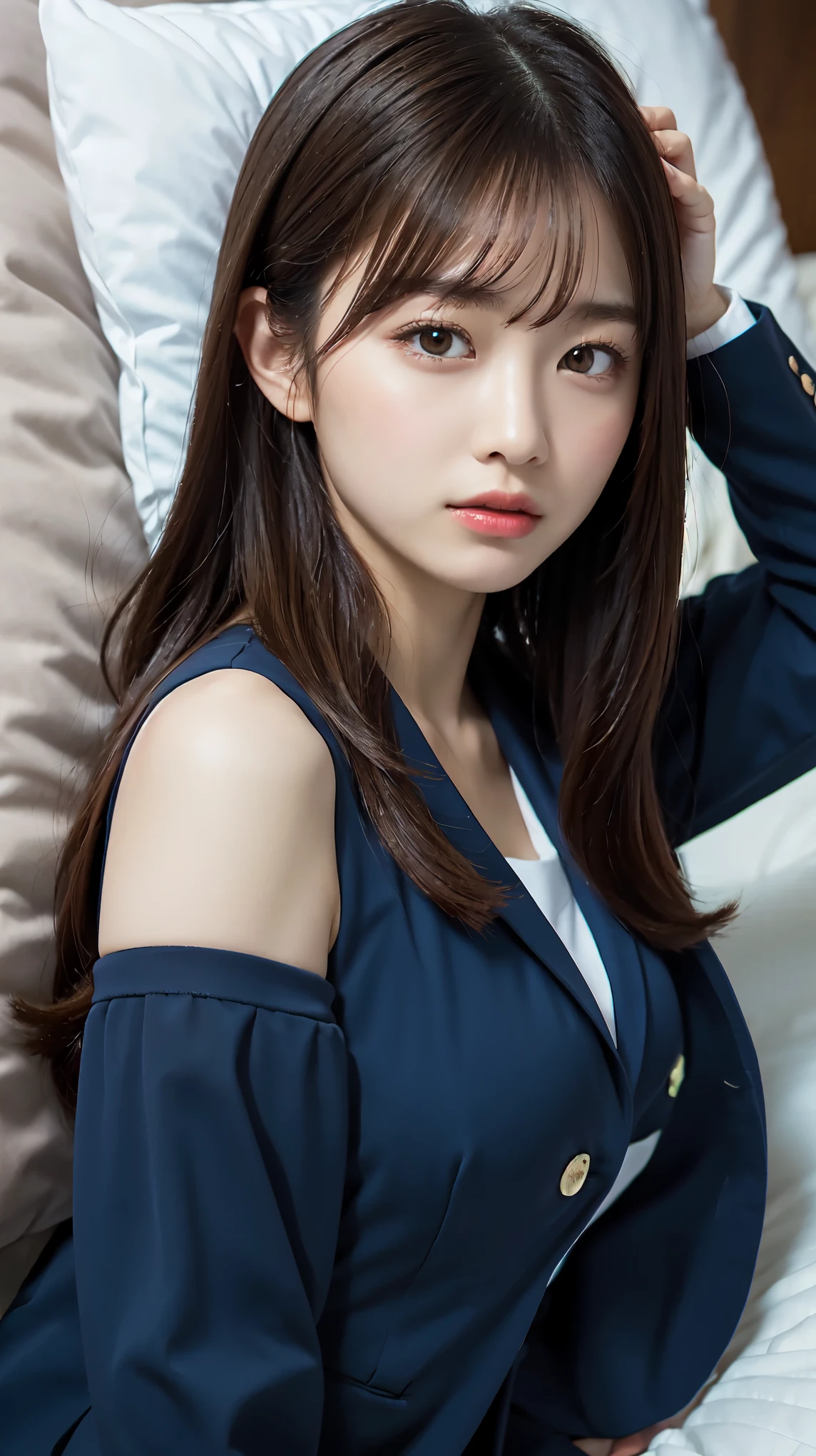 Graduation Ceremony、high school girl、uniform 、navy blue blazer、Bedroom、lying on the bed、Head on the pillow、perfect proportions、cute、((18 year old female:1.2))、young adorable japanese face,big breasts, valley, official art,Highly detailed CG Unity 8K wallpaper,(masterpiece:1.0),(highest quality:1.0), high resolution,4k,Super detailed, photo shoot, 8K, nffsw, High resolution, kodak portrait 400, film grain, lens flare glow, looking at viewer, Camera angle from above