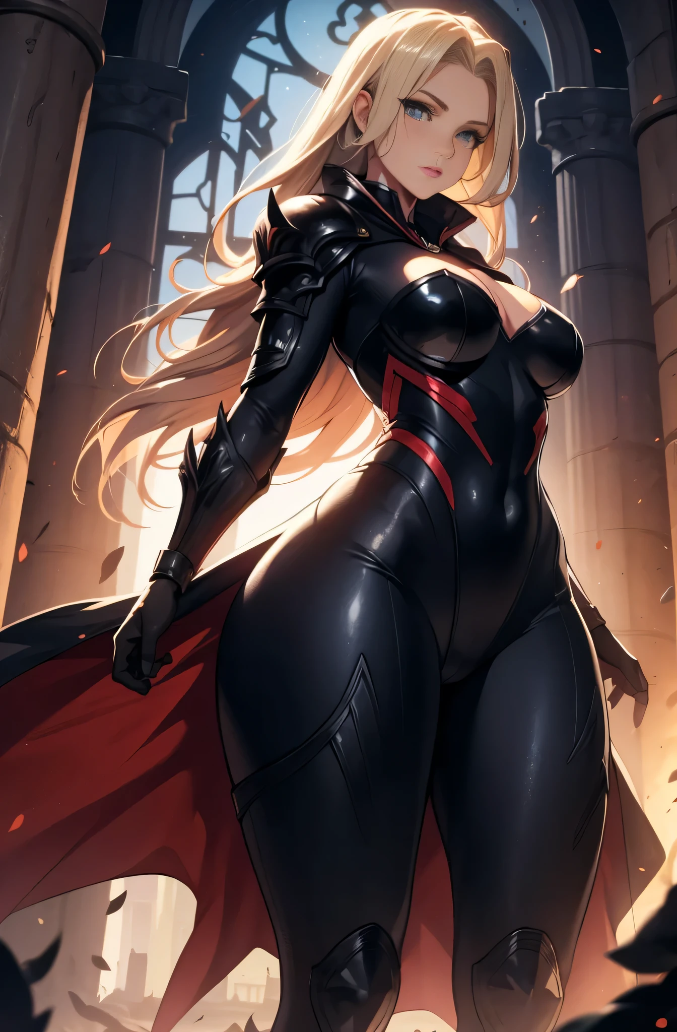 high priestess，Robe，mature woman, female，voluptuous figure，tightsuit，blonde hair, Female, alone, paladin of light, human, light powers, expert fighter, detailed eyes, beautifull face, long hair, defined body, yellow and bright eyes, thick legs, strong legs, tall, Voluptuous legs, black armor, female paladin, huge ass, big hip, big ass, wearing black coat, black and red robes, detailed eyes, big hips, medium armor, tall girl,