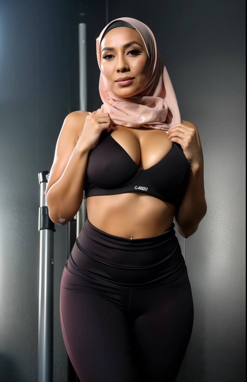 ((42 years Old)), ((Sugar Mama)), ((Beauty Hijab Indonesian MILF)), ((Rich Female Socialite)), Sport Bra, wet Body, Droopiest Longest Massive Gigantic : 96.9, naked body, Polish Nail and face, Full body, ((Busty Body)), Breast about To burst out, Realistic Detailed Perfect abs, Squeezing Breast, at Gym, Dark light, at Daytime