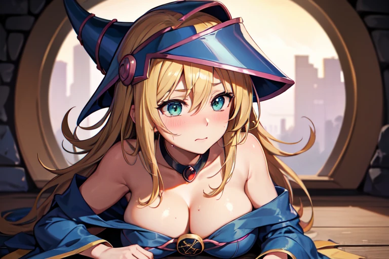 master piece,best quality,ultra detailed,8k,
ambient light,realistic skin,glossy skin,
(dark magician girl, duel monster, blush stickers, blonde hair, green eyes, long hair, breasts, blush, bangs, large breasts, hair between eyes, pentacle, pentagram, hat, dress, cleavage, bare shoulders, collarbone, choker, blue headwear, wizard hat, bracer, detached sleeves;)、
A realistic depiction of a person trapped inside a glass bottle, 、(lie face down:1.3)、(portrait)、(the body is very wet:1.5)、yukata、glossy lips、Slightly emphasize the lower lip、blush、embarrassed expression、emphasizing the cleavage、