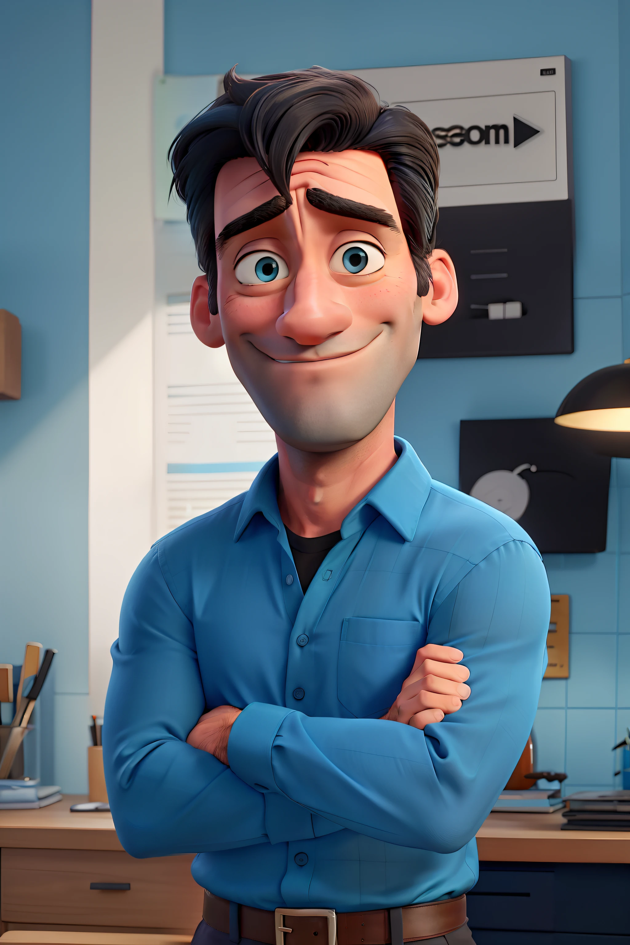 Jon Hamm, Cartoon in light blue shirt and black pants, crossed arms, olhando para frente e sorrindo com os dentes aparecendo;