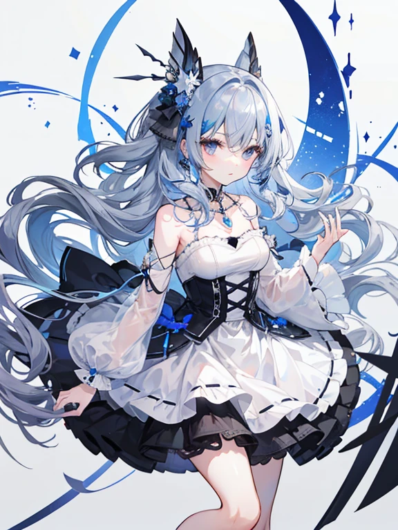 highest quality,（（（Gray with blue hair）））（（（bob hair）））,whole body,bustle black skirt蝶,（（（moon hair ornament）））,Moon Necklace,Black pumps,wavy hair,Slender,middle chest,whole body,white background,hairpin