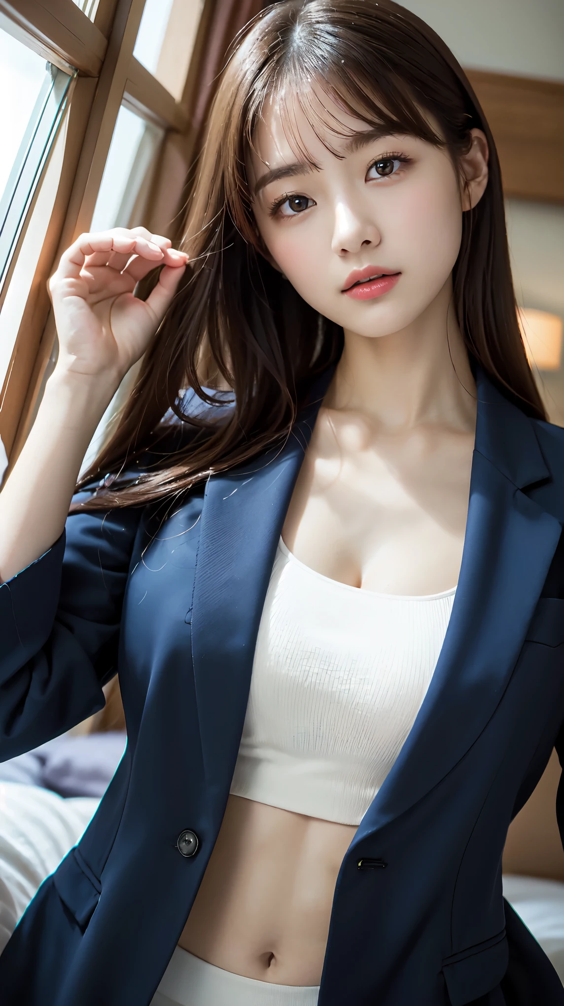 Graduation Ceremony、high school girl、uniform 、navy blue blazer、Bedroom、lying on the bed、perfect proportions、cute、((18 year old female:1.ung adorable japanese face，big breasts, valley, official art，Highly detailed CG Unity 8K wallpaper，（masterpiece:1.0),(highest quality:1.0), high resolution,4k,Super detailed, photo shoot, 8K, nffsw, High resolution, kodak portrait 400, film grain, lens flare glow, looking at viewer,  Camera angle from above