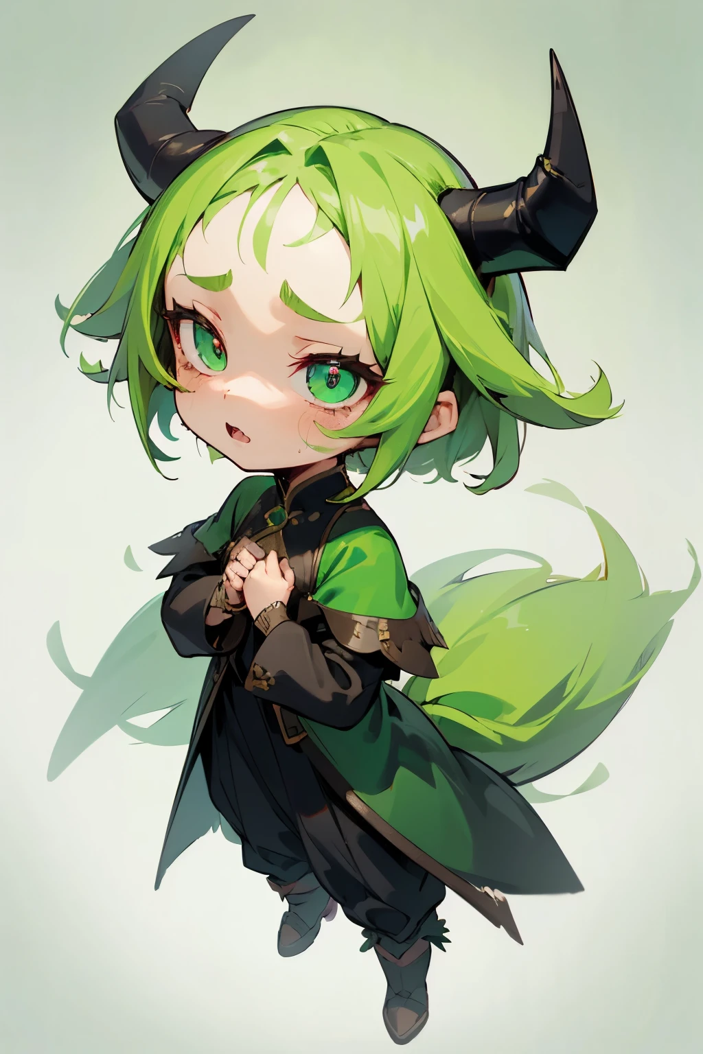 girl, full body, cartoon style, chibi style, cute, bird tail, bird wing, Demon horns from the forehead, beautiful face, cry face, green color eye, beautiful eye, high detailed pupil, double eyeylid, high detailed skin, high quality skin, green color hair, black clothes, masterpiece,