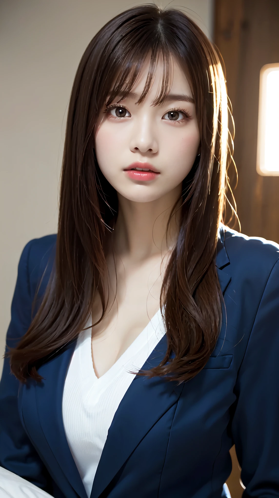 Graduation Ceremony、high school girl、uniform 、navy blue blazer、Bedroom、lying on the bed、perfect proportions、cute、((18 year old female:1.ung adorable japanese face,big breasts, valley, official art,Highly detailed CG Unity 8K wallpaper,(masterpiece:1.0),(highest quality:1.0), high resolution,4k,Super detailed, photo shoot, 8K, nffsw, High resolution, kodak portrait 400, film grain, lens flare glow, professional lighting,cinematic light, looking at viewer
