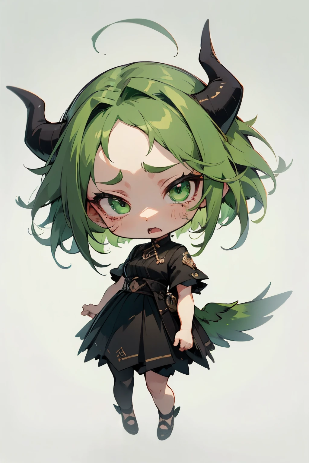 girl, full body, cartoon style, chibi style, cute, bird tail, bird wing, Demon horns from the forehead, beautiful face, cry face, green color eye, beautiful eye, high detailed pupil, double eyeylid, high detailed skin, high quality skin, green color hair, black clothes, masterpiece,