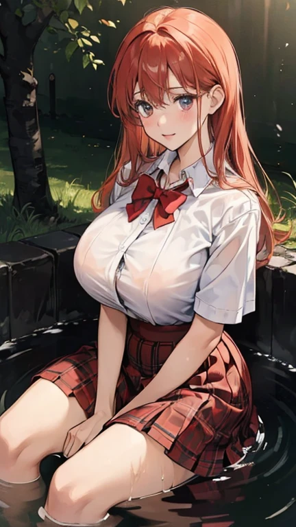 (in the dark:1.6) school girl Soak in water , red knot , red bow , white Shirt , big tits , Big breasts , skirt dark red , plaid skirt , pleated skirt