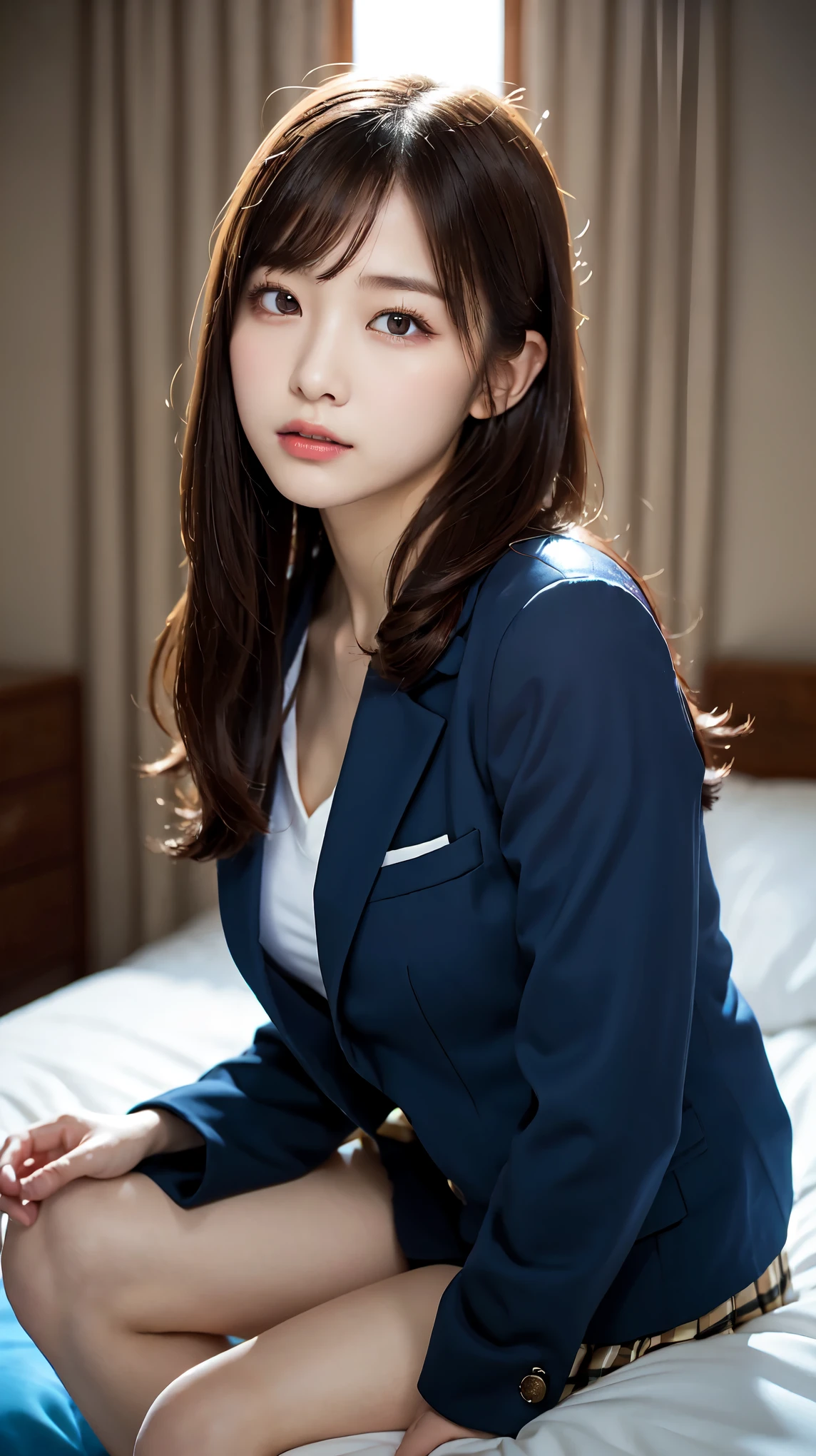Graduation Ceremony、high school girl、uniform 、navy blue blazer、Bedroom、lying on your back on the bed、perfect proportions、cute、((18 year old female:1.2))、young adorable japanese face,big breasts, valley, official art,Highly detailed CG Unity 8K wallpaper,(masterpiece:1.0),(highest quality:1.0), high resolution,4k,Super detailed, photo shoot, 8K, nffsw, High resolution, film grain, lens flare glow, professional lighting,cinematic light, looking at viewer