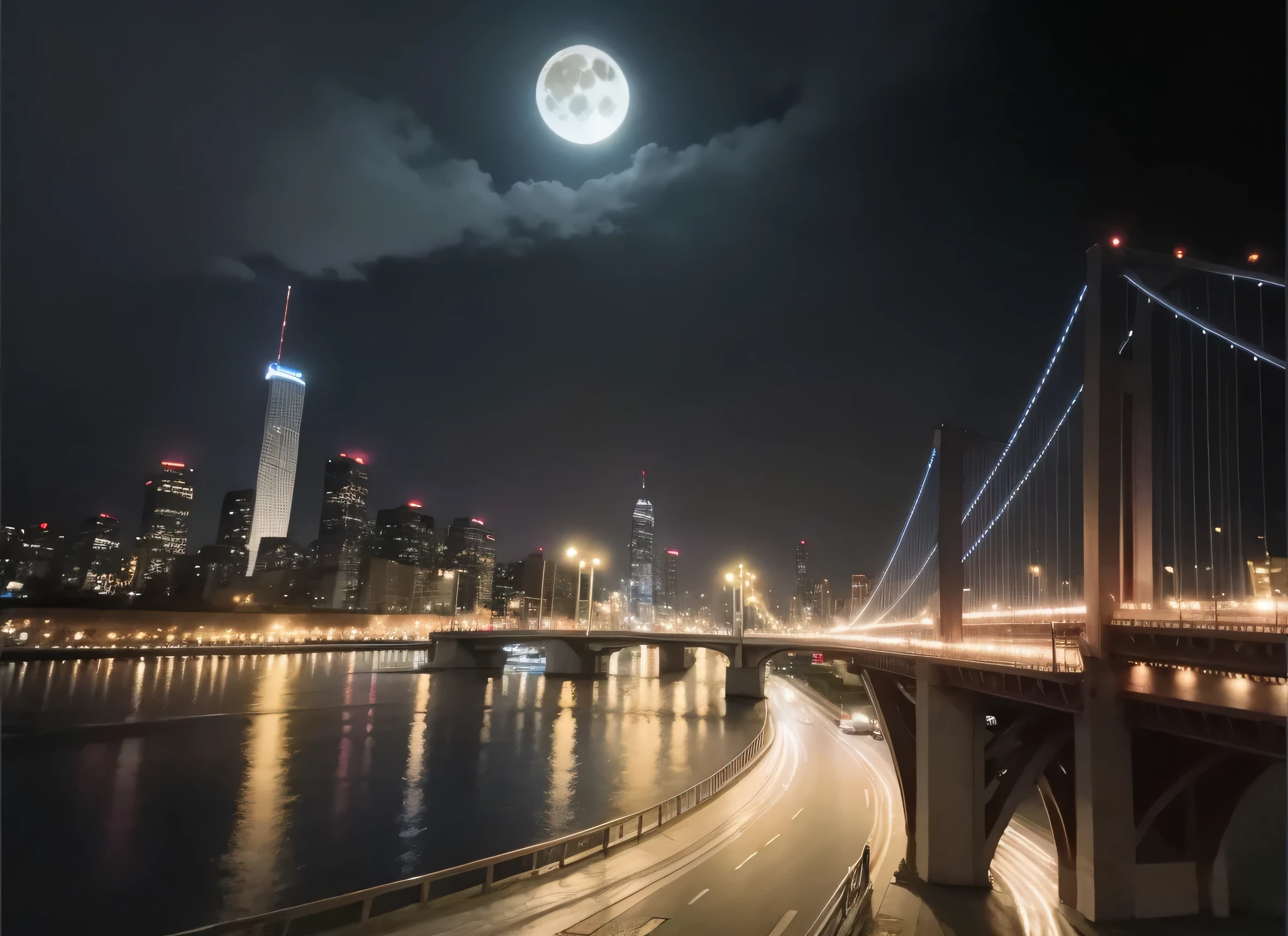 City night view with bridge and full moon, The moon is big in the city, Photographed with Sony α9, Big moon on the right, Night city in the background, It&#39;s night, Moon Street, at night, Photo taken at night, In the middle of the city, Night Photo