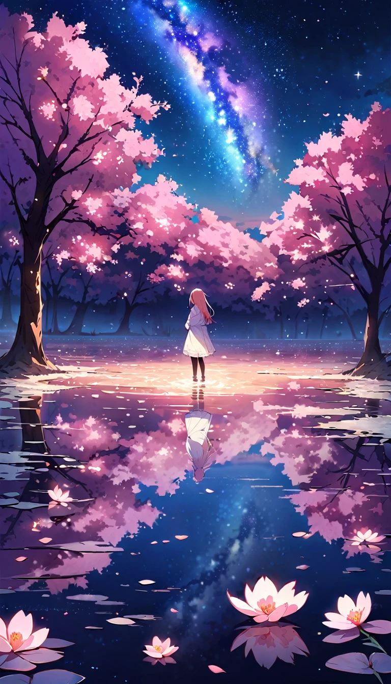 ((best quality)), ((master piece)), ((ultra wide angle)),night,Women、,standing on the salt lake,The water surface is like a mirror,Reflecting the sky。look at the sky,The Milky Way is in the sky,cherry blossoms,cherry blossoms並木,ピンクのcherry blossoms