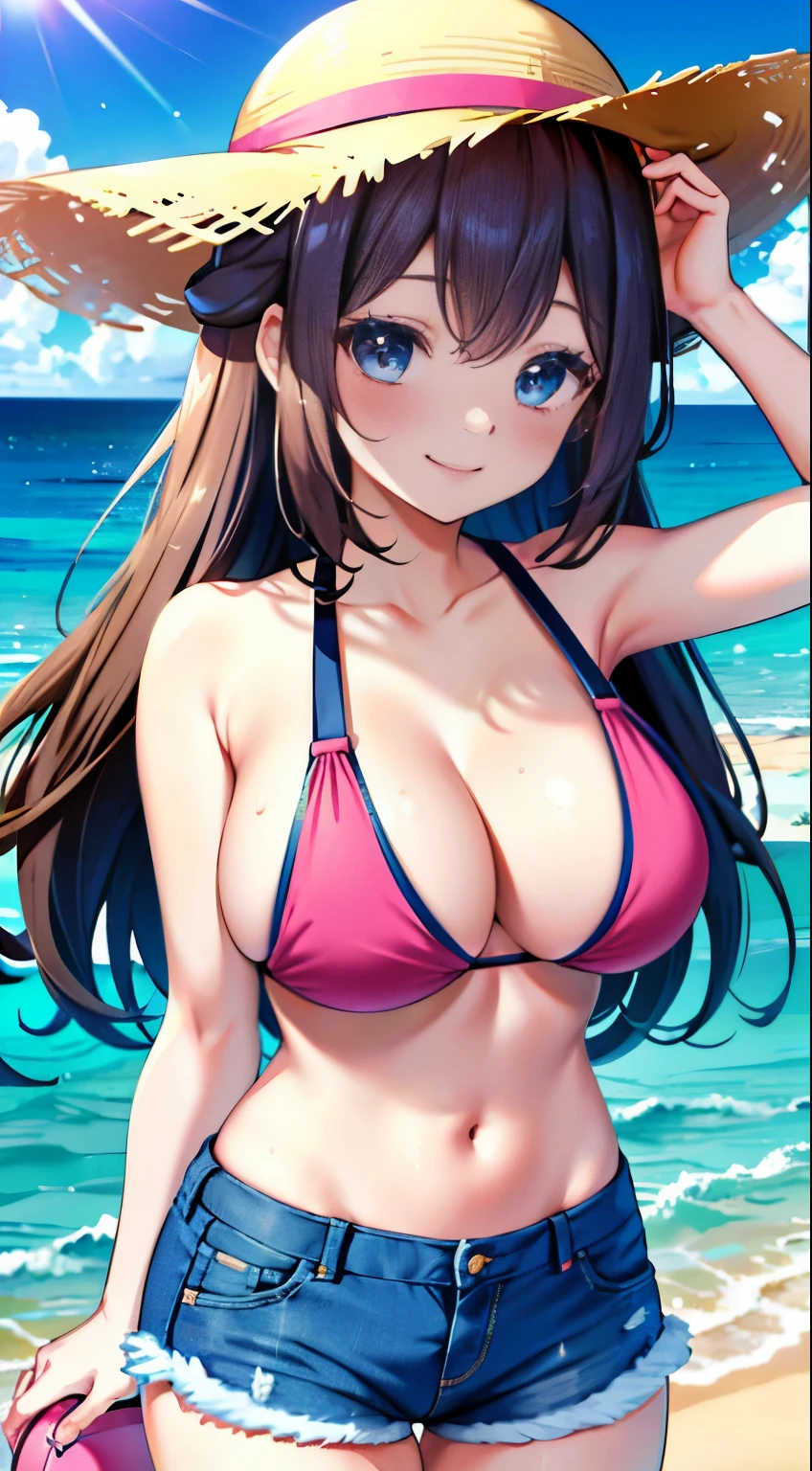 brown hair，blue eyes，long hair，，Pink sling bikini，Denim shorts，big breasts，blush，Azure（Pokémon）seaside background，sun hat，Smile