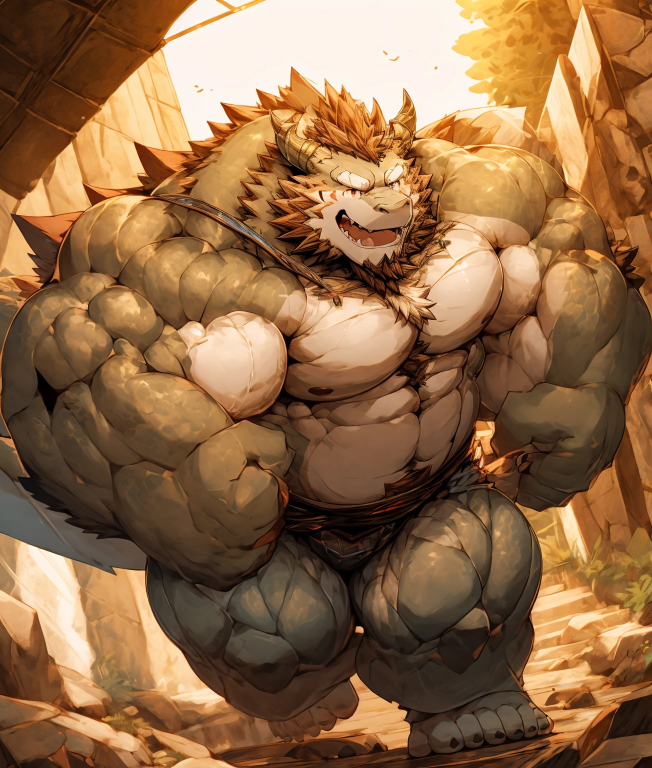 A white dragon orc,Physically strong,muscular,Like a born strong man。His skin looks healthy and fair.,Muscle and fat intertwined,Create a unique skin texture,Complete and powerful。
His arms are as strong as iron pillars,chiseled muscles,Seems to contain infinite power。Palms are generous,sharp fingers and claws,Showing his wildness and strength。
His chest is broad,Muscle bulge,As if it could withstand any impact。Very good abdominal muscles,Full sense of strength in the waist,like an indestructible mountain。
His legs are muscular,As if able to overcome any obstacle。Calf muscle lines are smooth,full of power,A dragon that looks strong and agile'The tail on the back is strong and powerful,The scales on the tip of the tail shine with an icy light,Showing his majesty and mystery。
The whole picture is dominated by cold colors,Emphasize the power and majesty of the White Dragon Orcs。In the treatment of light and shadow,Let the soft sunshine shine on him,Make his muscles more three-dimensional and vivid。at the same time,Pay attention to his facial expressions and eyes,Demonstrated his perseverance and courage,Like an invincible strong man。