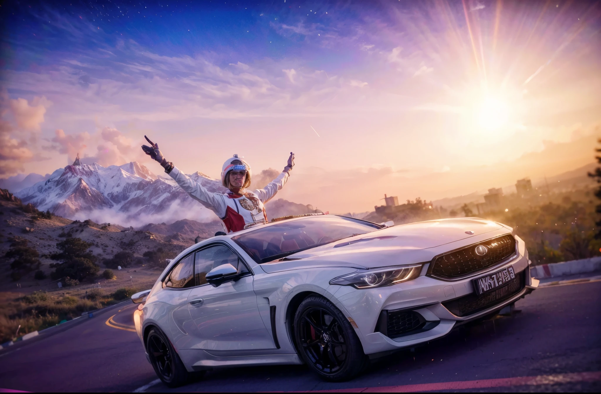 araffe on top of a white car with a man on top, bright light masterpiece, 8k in the style, outrun style, illustration 8 k, 8k scene, inspired by Mike Winkelmann, fantasy style 8k octane render, High quality, detailed texture.