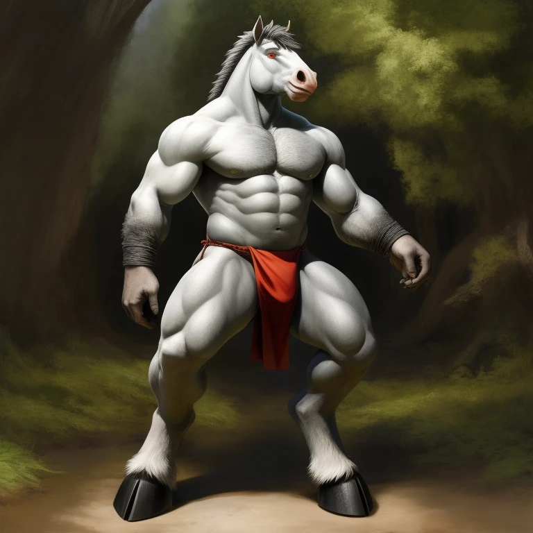 Furry, Antro, [Horse color dark Silver metal] , [Fundoshi bulto Big], [Fundoshi White], Solo, [Bulto Male Big], Hooves , Detallado, cuerpo completo, cuerpo furry, Pradera verde, Red Eyes, Alta resolucion