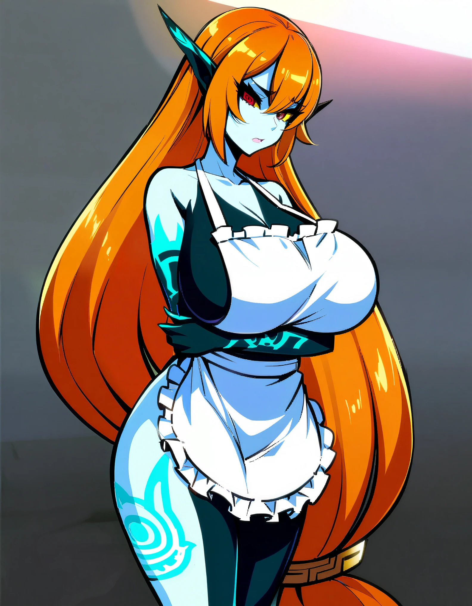 masterpiece, best quality, extremely detailed, 1girl, milf, solo, (multicolored skin, two-tone skin:2), midnaimp, (huge breasts:1.4), ((((orange hair), very long hair, colored sclera, red eyes, pointy ears))), parted lips, (((naked apron, white apron, frilled apron))), ((shy, @_@), closed mouth), ((bathroom))