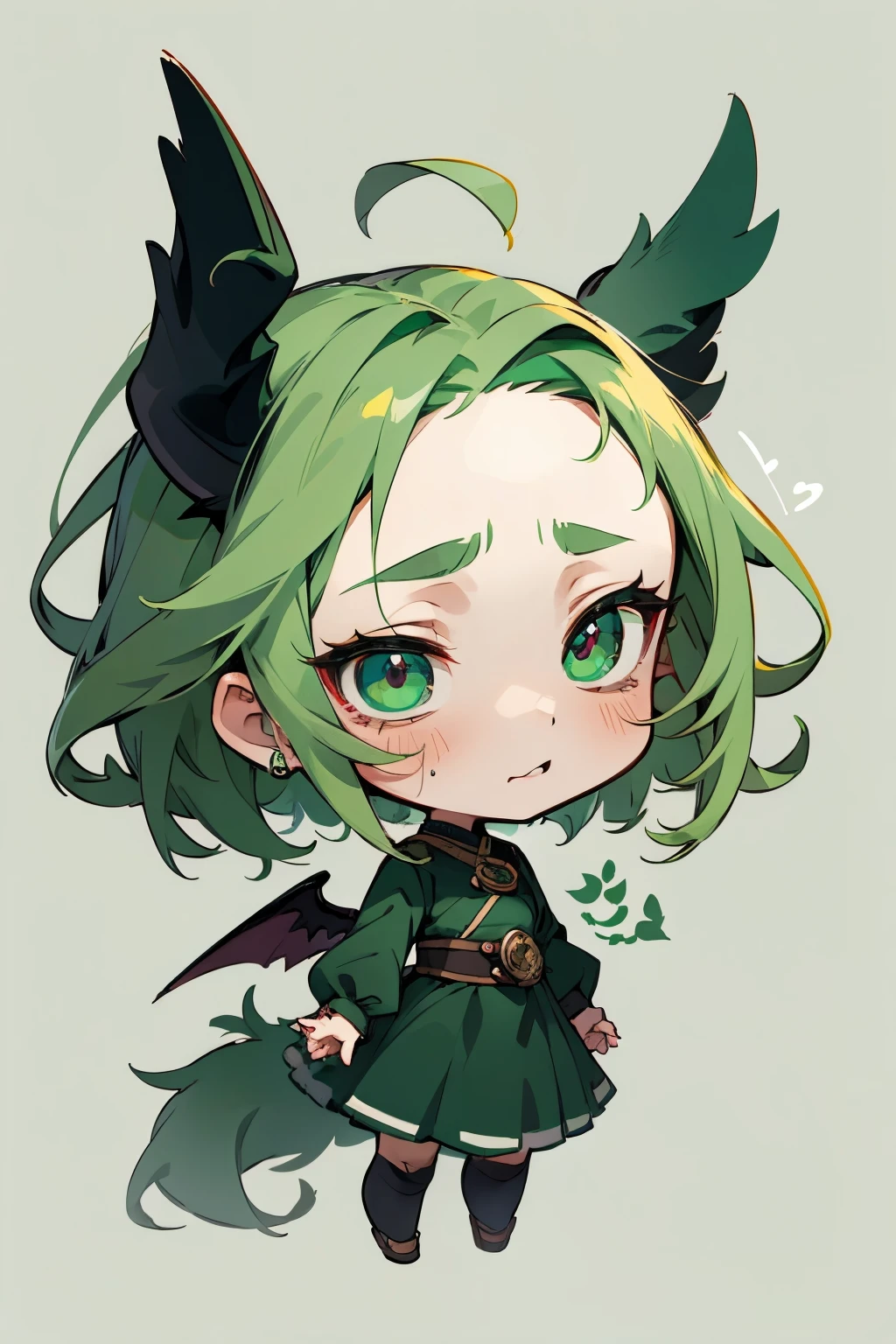 girl, full body, cartoon style, chibi style, cute, bird tail, bird wings, Demon horns from the forehead, beautiful face, cry face, green color eye, beautiful eye, high detailed pupil, double eyeylid, high detailed skin, high quality skin, green color hair, black clothes, masterpiece,