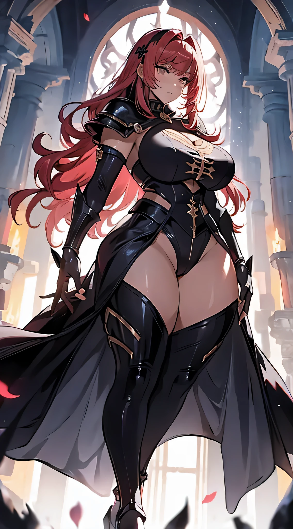 Female, alone, paladin of light, human, light powers, expert fighter, red hair, detailed eyes, beautifull face, long hair, defined body, yellow and bright eyes, thick legs, strong legs, tall, Voluptuous legs, black armor, palading black armor, huge ass, big hip, big ass, wearing black coat, black and red robes, detailed eyes, big hips, thick body type