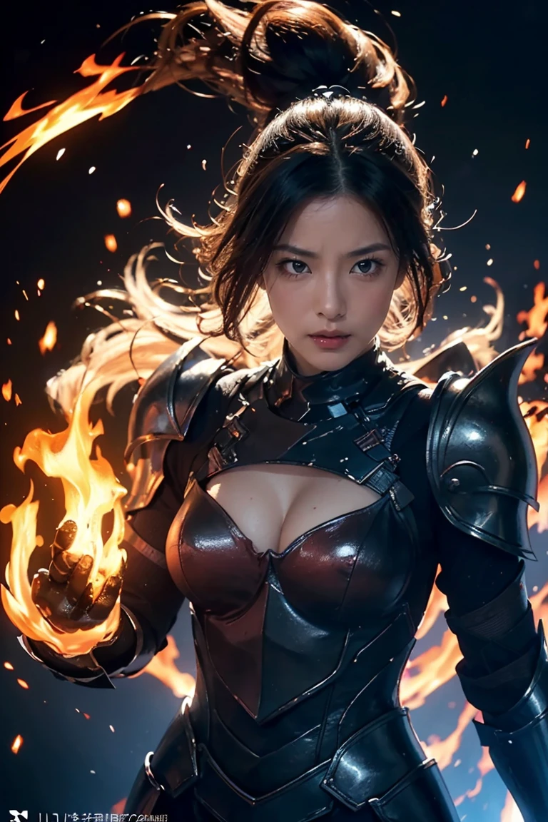 highest quality, Super detailed, (ultra high resolution,8K), Ultra-high definition 4K, Proper Lighting, realistic texture, movie light effects, (perfect anatomy, anatomically accurate), (One woman with big breasts has sexy charm), (Paladin), (Beautiful armor of hellfire that covers the whole body:1.6), (sharp look), ((flaming cloak)), (surrounded by detailed flames:1.5), silver hair, (ponytail), (dynamic composition), High-definition facial beauty, (Beautiful blue eyes like sapphires), (open your mouth), photorealistic, shiny skin, (fine-textured skin,hair ), Magma erupting with force, Crystal clear and clean water, (((midnight, dark))), (Decisive pose:1.3), (Hold a detailed beautiful sword), fire,floating,flame,magic,glowing, shinkai makoto