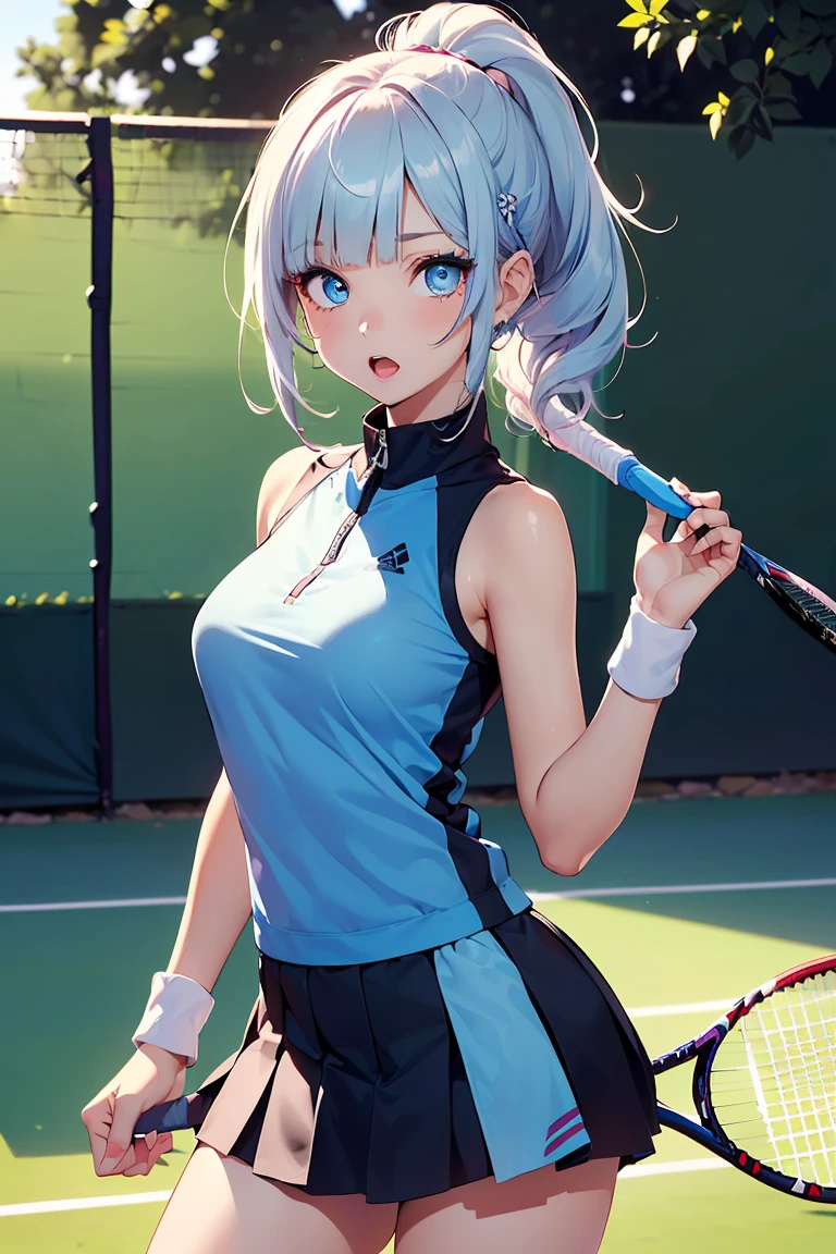 ((1 girl)), latest trend clothes, cowboy shot, (tennis wear), (Tennis court), tennis racket, White skort, surprised eyes, blush, open mouth, Cute Costumes, medium breasts, ponytail,((Super detailed,highest quality, High resolution, 8k wallpaper, beautiful clothes,)),((pastel colored hair, shortcut, ((asymmetrical bangs)) ,(light blue eyes),eye shadow, eyeliner,Glow Eye, highly detailed eyes, complicated eyes, beautiful eyes, 輝くlight blue eyes、18 year old girl, five fingers
