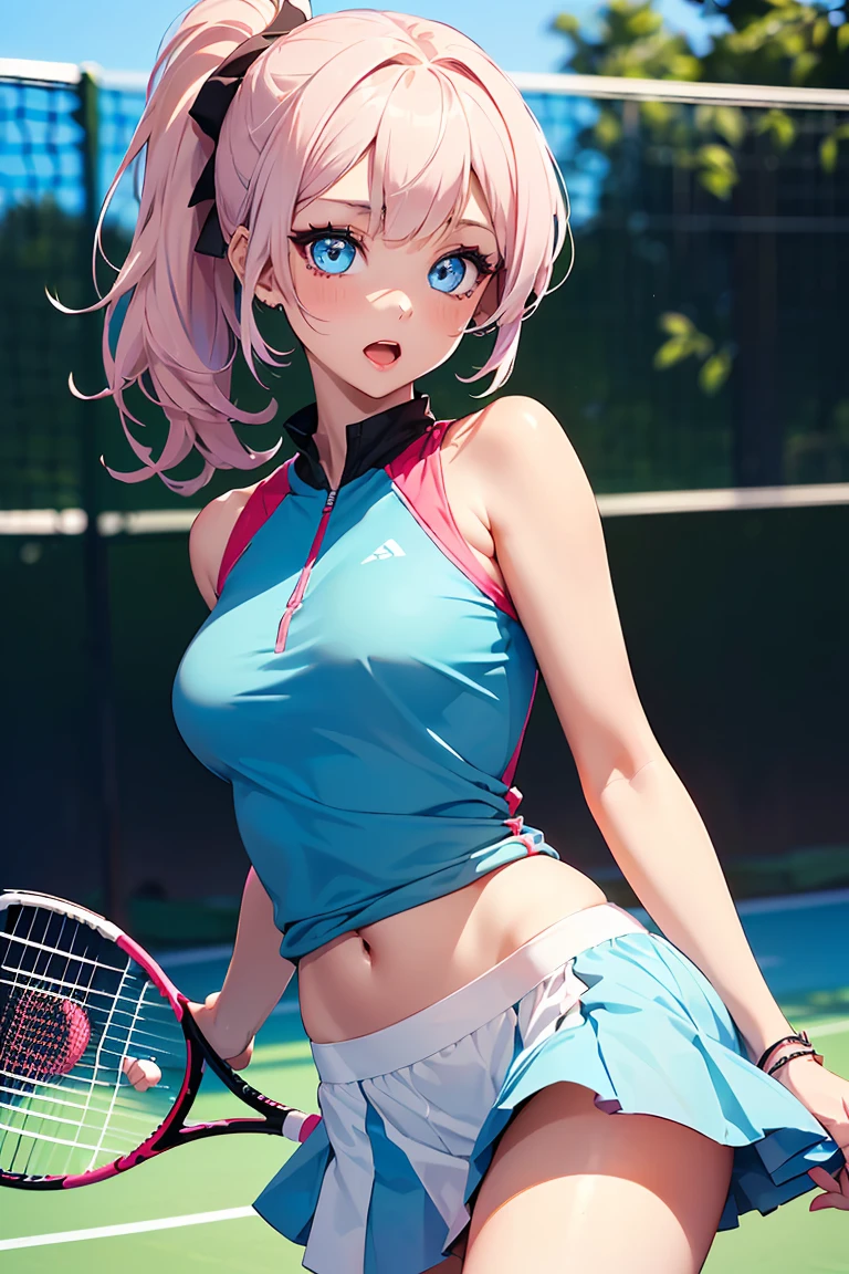 ((1 girl)), latest trend clothes, cowboy shot, (tennis wear), (Tennis court), tennis racket, White skort, surprised eyes, blush, open mouth, Cute Costumes, medium breasts, ponytail,((Super detailed,highest quality, High resolution, 8k wallpaper, beautiful clothes,)),((pastel colored hair, shortcut, ((asymmetrical bangs)) ,(light blue eyes),eye shadow, eyeliner,Glow Eye, highly detailed eyes, complicated eyes, beautiful eyes, 輝くlight blue eyes、18 year old girl, five fingers