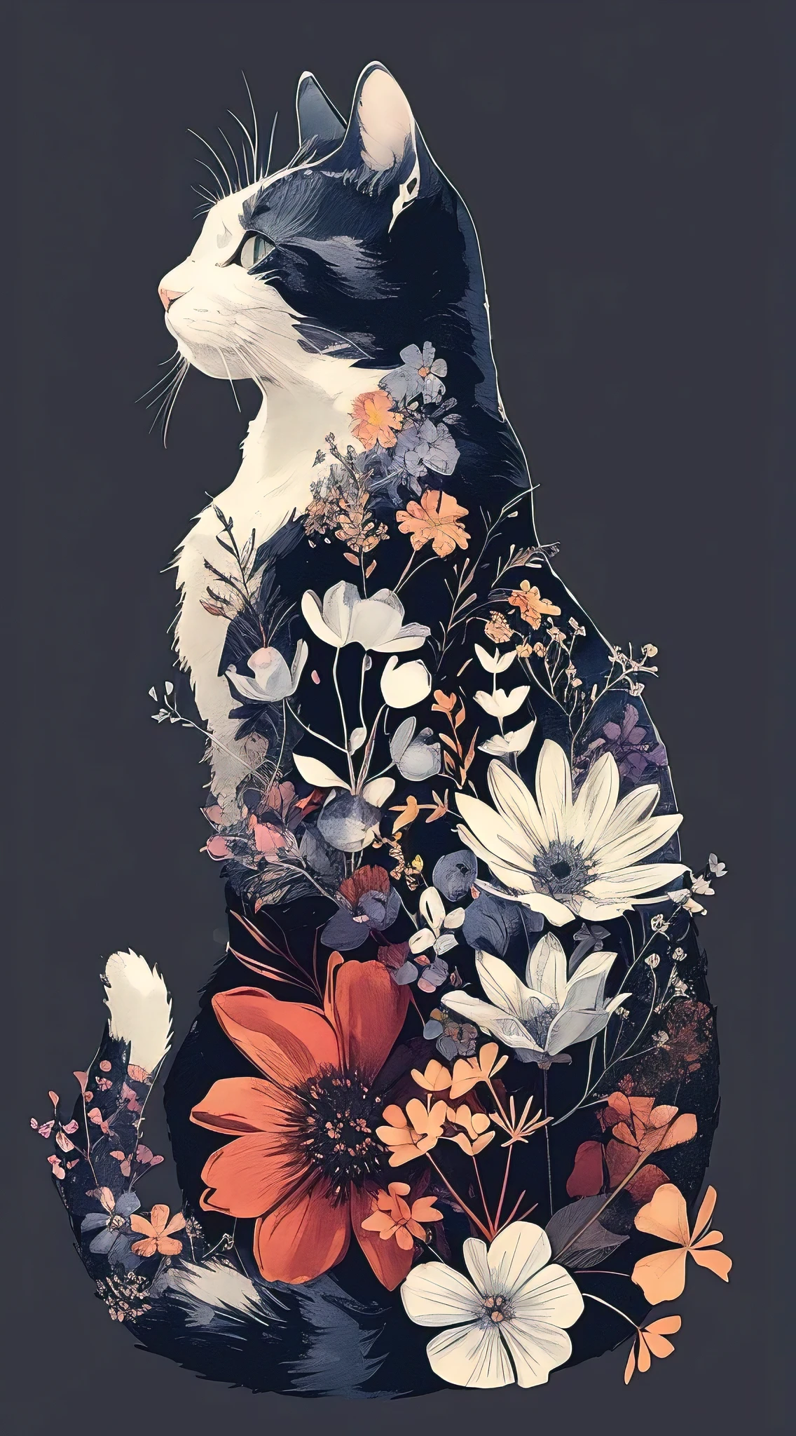 A cat made of pressed flowers with a solid white head and feet, flat vector graphic on a dark blue background, a simple t-shirt design, cute and dreamy, lavender pastel colors were used with vintage inspired details, the entire screen was used for a full body cat silhouette in the style of a vintage t-shirt design. , minimalist flat vector