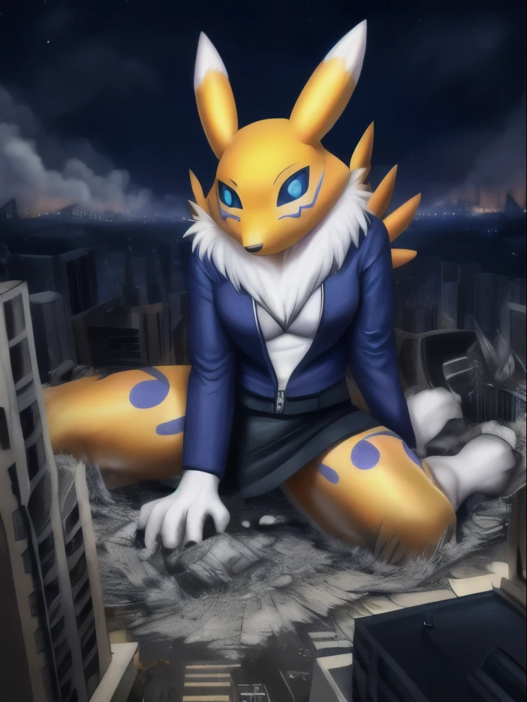 Renamon, digimon, shirt, , hair bow, white bow, pleated skirt, grey jacket, solo, blue skirt, 1girl, breasts, blazer, blue eyes, medium breasts, long legs,
detailed eyes, deep eyes, beautiful blue eyes, glowing blue eyes, evil, evil grin, symmetrical eyes, symmetrical face, perfect arms, perfect hands, perfect face, perfect legs, full body, full body shot
blushing, horny, aroused, extremely detailed CG unity 8k wallpaper, best quality,32k,focus sharp, sharp eyes, detailed eyes, symmetrical eyes, symmetrical face,
full body, narrow eyes, looking down, looking at the ground, unamused night, night sky, lying on side, city, giga giantess, gts, giantess laying on a cityscape, destruction, rampage, huge craters, ravines, cracks in the ground, earthquake, smoke, fire, destroyed city, ruins, rubble, debris, crumbling, destroyed buildings, knocked over buildings, toppled skyscrapers, crumbling buildings, falling buildings, rampage in the city, destruction in the city destroyed cityscape