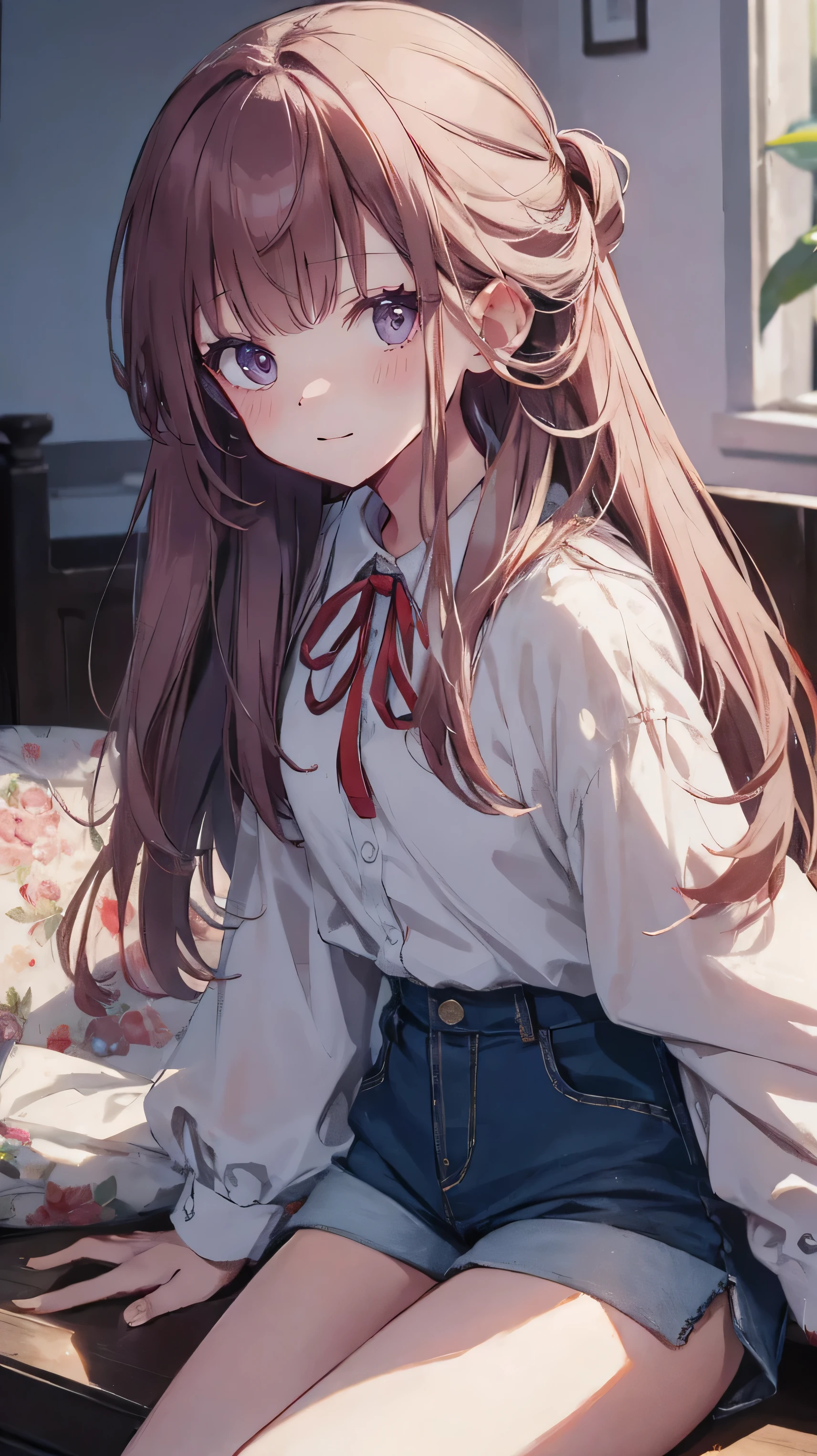 master piece、Highest image quality、highest quality、 ((panic))、glossy hair quality、small face、sitting、Super detailed and beautiful bright eyes、Super detailed clear and beautiful face、(cute illustration:1.2), High-resolution, ultra-detailed, best quality, embarrassed、(Gaps in shorts)、(cute underwear)