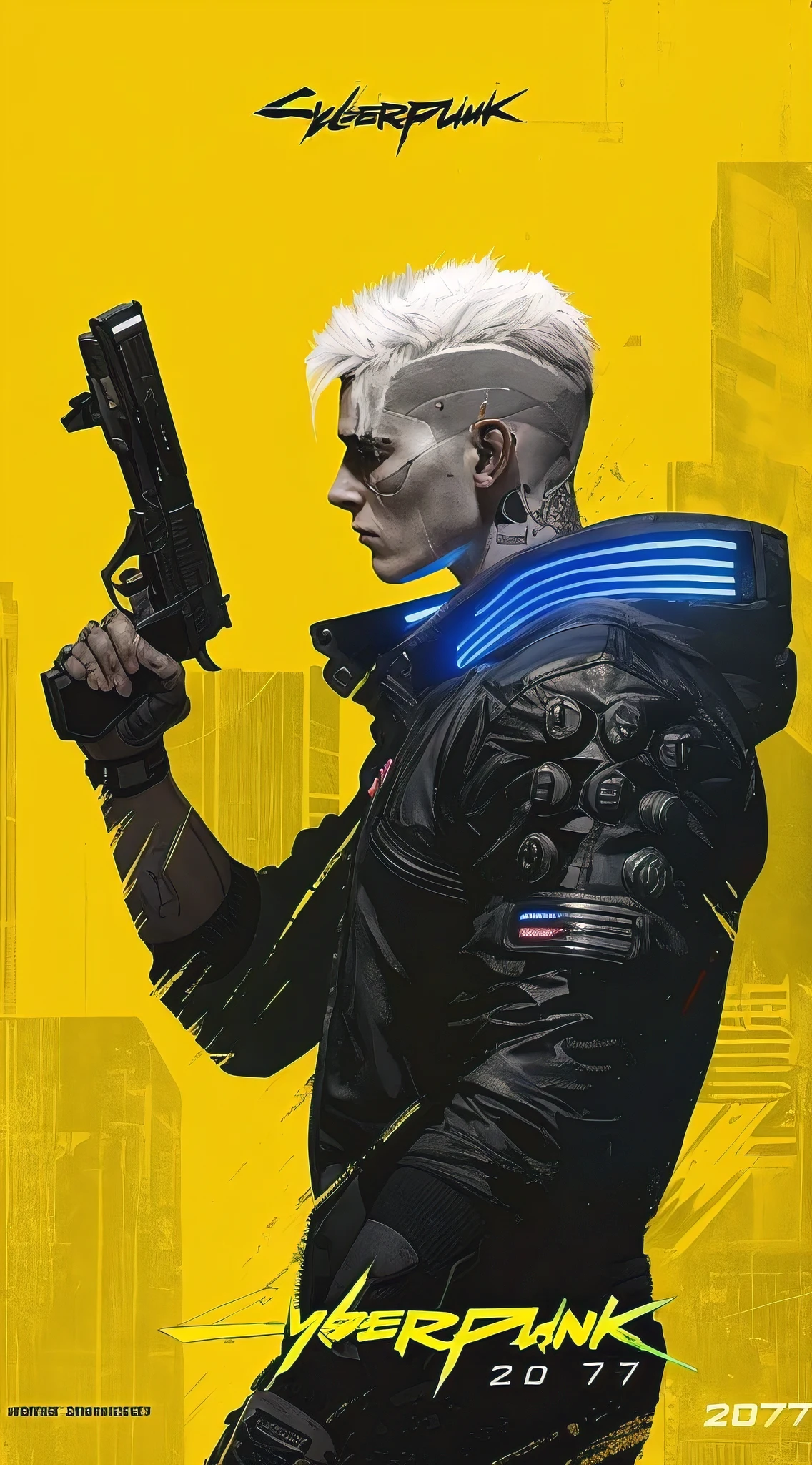 Cyberpunk 2077, game cover depicting a male character holding a pistol against a yellow background in a full-body shot, in the style of a game poster. The game title "Cyberpunk 2077" appears above the character's head in bold letters with the game logo below. The character wears a cyberpunk jacket with neon blue lights on his shoulders and back and has white hair in a hyper realistic, cinematic style