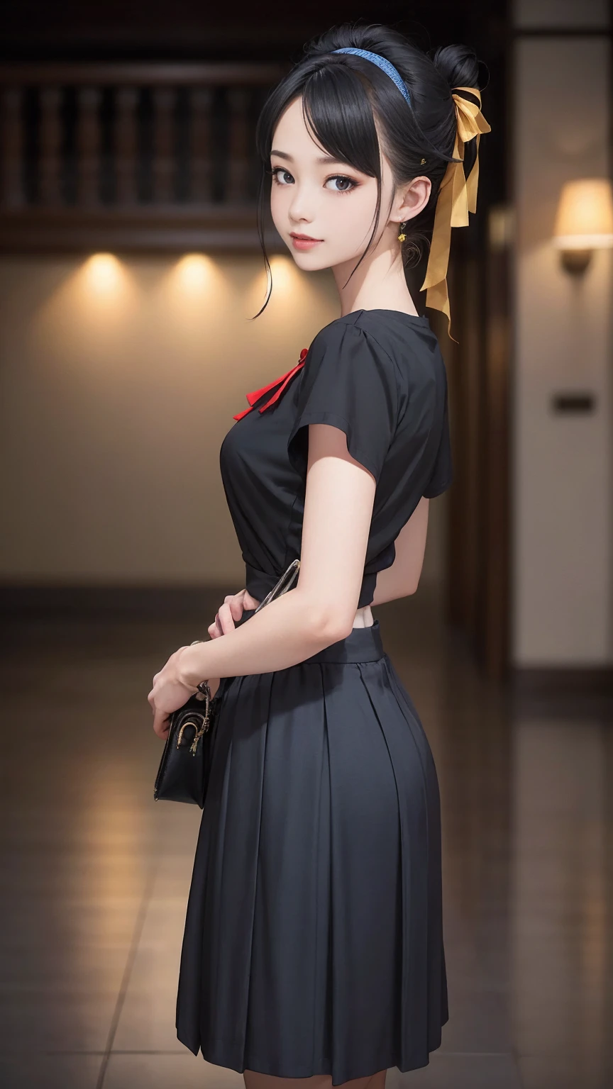 ((最high quality, 8K, masterpiece: 1.3, Ultra HD, high quality, 最high quality, High resolution, realism)) 、An extremely beautiful 18-year-old Japanese woman、hair color is black、black eye、medium hair、straight hair、smile、Slender but well-proportioned, slim and muscular body、Athlete-like body type、I don't want my head to disappear from the screen.、Sailor uniform、Wear a navy blue pleated skirt、wear loafers、Brown inner color((colored inner hair))、Hair behind ears((hair behind ear))、hair band((hair ribbon))、Vertical roll on one side((side drill))、Being in the karaoke box、マイクを握ってsmileで熱唱、put a scrunchie on your wrist