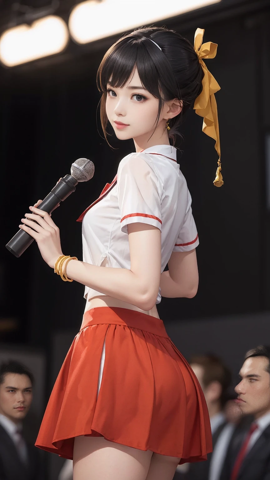 ((最high quality, 8K, masterpiece: 1.3, Ultra HD, high quality, 最high quality, High resolution, realism)) 、An extremely beautiful 18-year-old Japanese woman、hair color is black、black eye、medium hair、straight hair、smile、Slender but well-proportioned, slim and muscular body、Athlete-like body type、I don't want my head to disappear from the screen.、Sailor uniform、Wear a navy blue pleated skirt、wear loafers、Brown inner color((colored inner hair))、Hair behind ears((hair behind ear))、hair band((hair ribbon))、Vertical roll on one side((side drill))、Being in the karaoke box、マイクを握ってsmileで熱唱、put a scrunchie on your wrist
