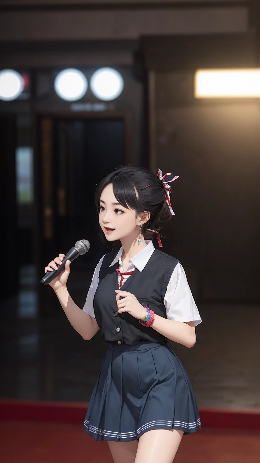((最high quality, 8K, masterpiece: 1.3, Ultra HD, high quality, 最high quality, High resolution, realism)) 、An extremely beautiful 18-year-old Japanese woman、hair color is black、black eye、medium hair、straight hair、smile、Slender but well-proportioned, slim and muscular body、Athlete-like body type、I don't want my head to disappear from the screen.、Sailor uniform、Wear a navy blue pleated skirt、wear loafers、Brown inner color((colored inner hair))、Hair behind ears((hair behind ear))、hair band((hair ribbon))、Vertical roll on one side((side drill))、Being in the karaoke box、マイクを握ってsmileで熱唱、put a scrunchie on your wrist