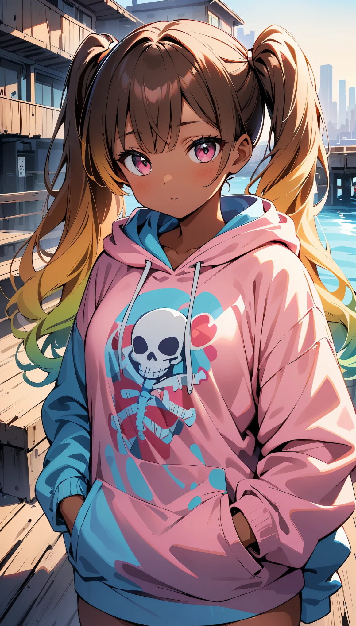 (high quality, 8K, 4k, high contrast, masterpiece:1.2, 最high quality, best aesthetics), , one person, cowboy shot, oversized hoodie, Pastel pink and blue hoodie, half aqua, Half pink, ((brown hair)), (yellow hair), (gradient hair :1.5), twin tails, ((pink eyes)), highly detailed eyes, tan, (dark caramel skin:1.1), Comic book style shading, spray paint effect, cartoon elements, Skeleton illustration, Colorful lettering and illustration of pier, urban background.