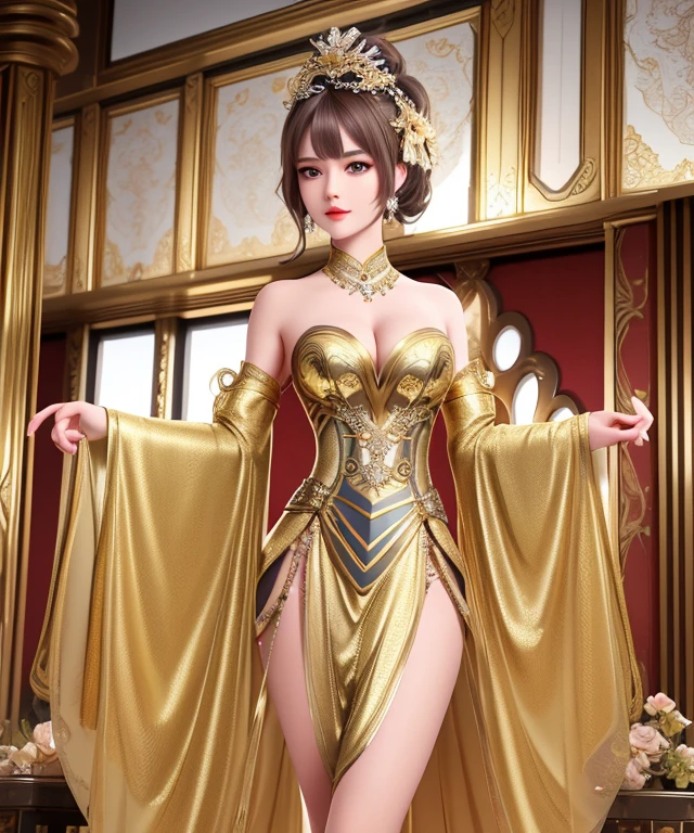 masterpiece,highest quality,higher rank,(Woman&#39;s transformation_woman:1),(naked:1.3), (35歳のWoman warrior:1.3),、big and full breasts,very big breasts,big breasts,belly button,hyper real,You are in a battlefield in a medieval European city.,No expression,、British woman、Delicate skin texture to the smallest detail 、(detailed blue eyes)、(Chubby body type))、(very big big)、Middle-aged woman、(ふわふわbiondeの長い髪)、Wheat tanned skin、(bionde)、very big big、European Woman warrior、big breasts cleavage、richly decorated gold armor、medieval witch、High leg、Long gold boots with flashy decorations、Solid gold and jewelry necklaces and collars、Large gold earrings、bright red lips、long gloves with ornate gold armor、he has a big and long sword、The sword is decorated with flashy decorations.....、The blade of the sword is jet black、(Woman warrior)、(battlefield)、