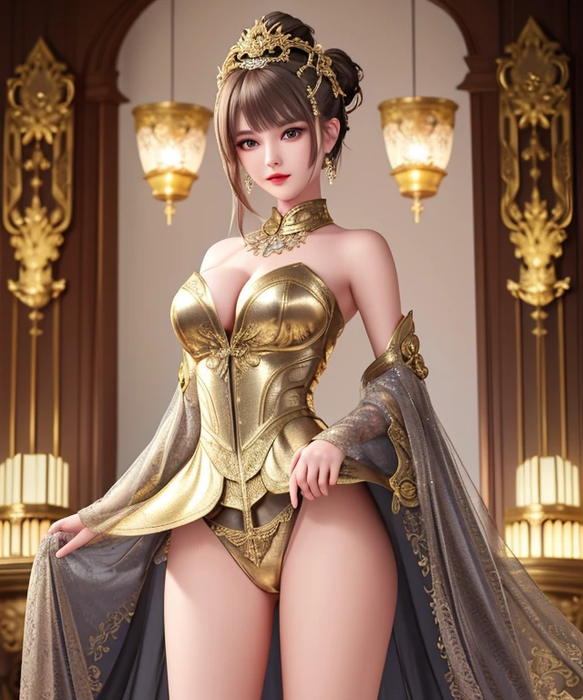 1girl, Solo, Masterpiece, Gorgeous metallic style with extreme detail, short hair,bun,big hair,high bow,senior. An eye for detail, metal crown. Adorned with ornate stripes, flowing hair, facial details, Silver ready-to-wear, Clothes with gold lace, topless, beautiful pussy, wide crotch, slim thighs, lustful.