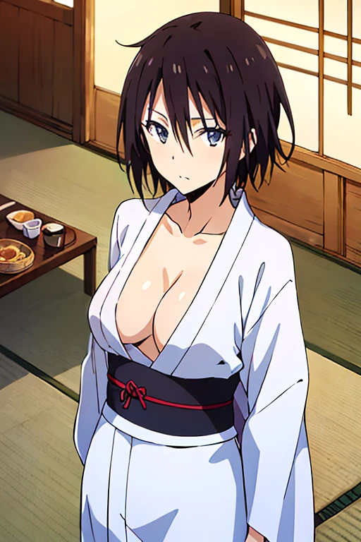 (anime cels style, best quality, high resolution, anime colored, megami magazine, sharp, 8k), (beautiful eyes:1.5), sakaguchihinata\(ttigraas\), black short hair, large breast, cleavage, (japanese clothes, yukata:1.5), cowboy shot, seiza, (perfect detailed anatomy, perfect arms, perfect fingers, beautiful face, perfect body, shiny skin),