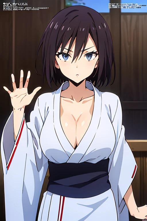 (anime cels style, best quality, high resolution, anime colored, megami magazine, sharp, 8k), (beautiful eyes:1.5), sakaguchihinata\(ttigraas\), black short hair, large breast, cleavage, (japanese clothes, yukata:1.5), cowboy shot, seiza, (perfect detailed anatomy, perfect arms, perfect fingers, beautiful face, perfect body, shiny skin), 