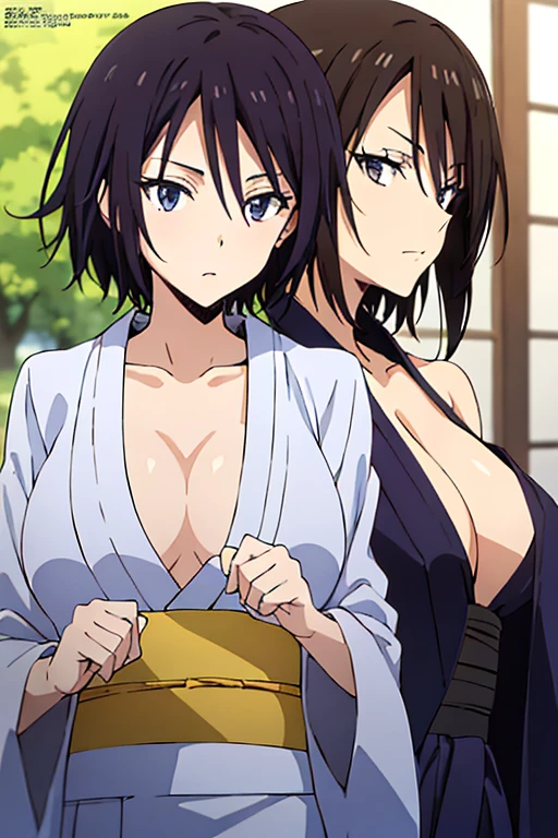 (anime cels style, best quality, high resolution, anime colored, megami magazine, sharp, 8k), (beautiful eyes:1.5), sakaguchihinata\(ttigraas\), black short hair, large breast, cleavage, (japanese clothes, yukata:1.5), cowboy shot, seiza, (perfect detailed anatomy, perfect arms, perfect fingers, beautiful face, perfect body, shiny skin), 