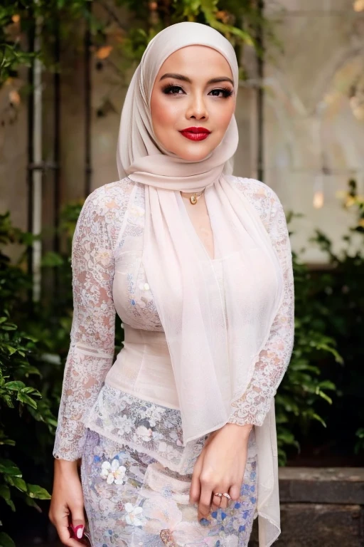 1 hijab girl , ((wearing plain hijab)), shy, medium portrait shot , lip glossy, horny face, medium rounded breast, cleavage cutout, breast out, slim body,wear java wedding woman in kebaya , luxurious necklace, bracelet, lipstick, makeup, grooming, eyelashes, flower garden background, bokeh background, proportional body, dynamic pose