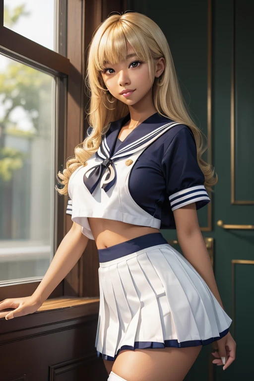 (masterpiece), best quality, expressive eyes, perfect face, (classrom window background), (standing), (smirk), (1girl, dark skin Asian, tan skin asian, dark skin, tan skin, tan, blonde hair, blonde hair asian, curly hairstyle with bangs, hair bangs, green eyes, asian eyes, hourglass figure, skinny body, petite_body, short height, large breasts, huge breasts, oppai, thick legs, long fingernails), ((white sailor uniform top), (navy blue pleated mini skirt), white stockings, black heels),