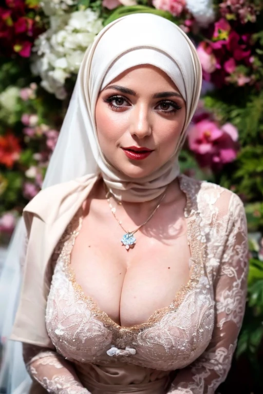 1 hijab girl , ((wearing plain hijab)), shy, medium portrait shot , lip glossy, horny face, medium rounded breast, cleavage cutout, breast out, slim body,wear java wedding woman in kebaya , luxurious necklace, bracelet, lipstick, makeup, grooming, eyelashes, flower garden background, bokeh background, proportional body, dynamic pose