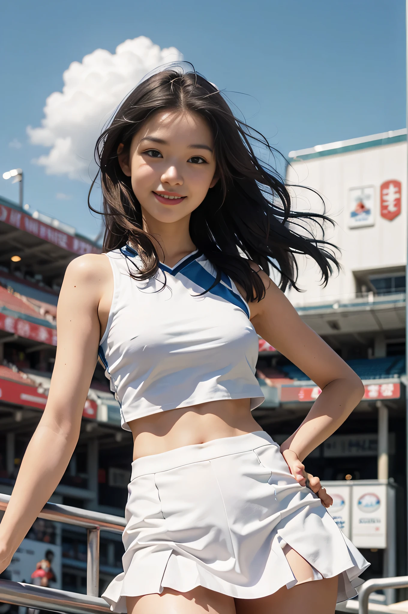 best image quality、超A high resolution、table top、photo quality(photo-realistic:1.8)、pores、Accuracy、japanese women、20-year-old、black haired、cute dimpleedium long hair、slender girl、small breasts、 AA Cup Breast、stand out、american football stadium、Midsummer Sun、Blue sky、Reflected light from the reflector、Cheerleader、With red pom-poms in both hands、two piece、Team Uniform、Tank top、mini skirt、(white、red)、smiling face、naughty angel、
