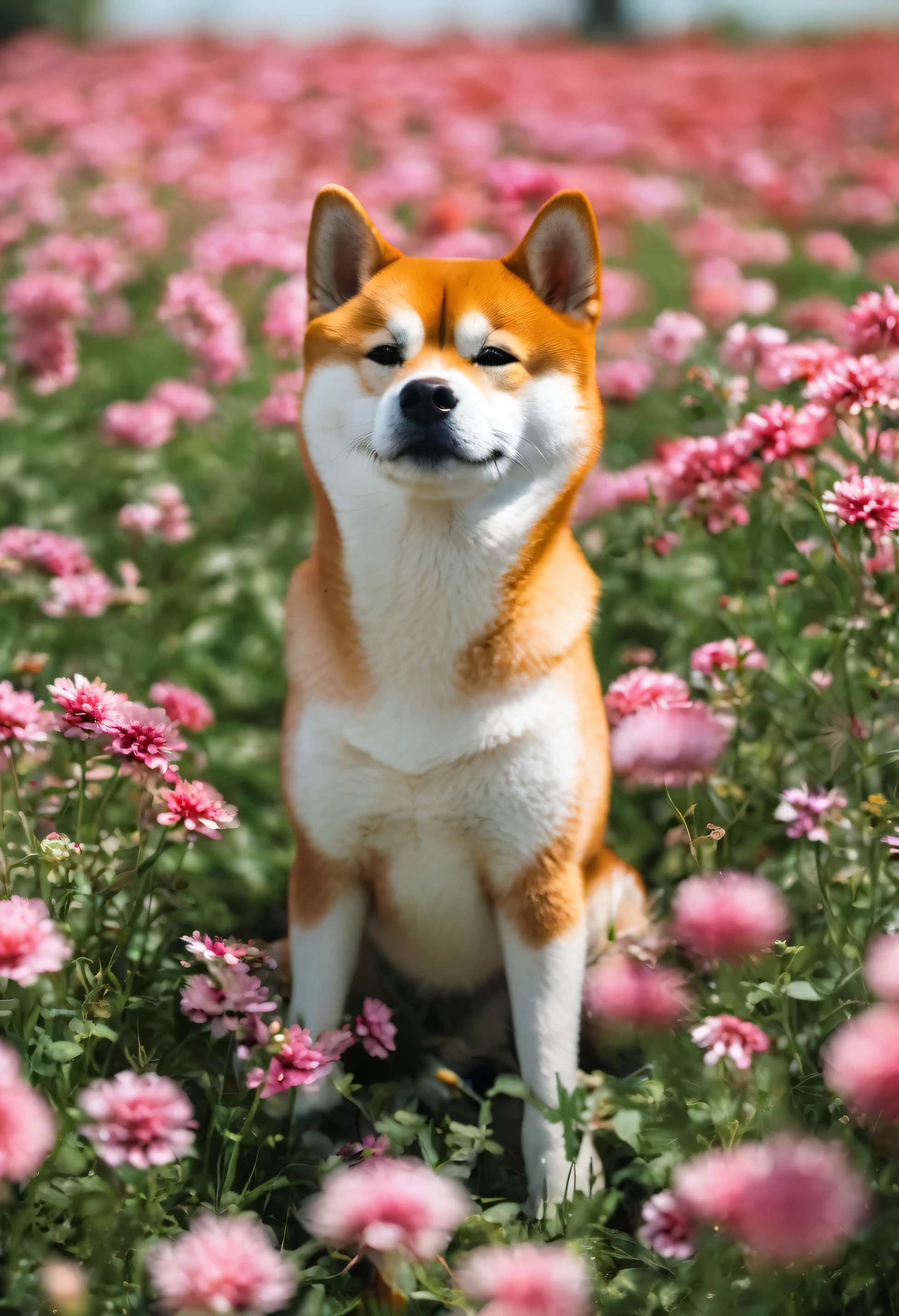 shiba inu in a flower field