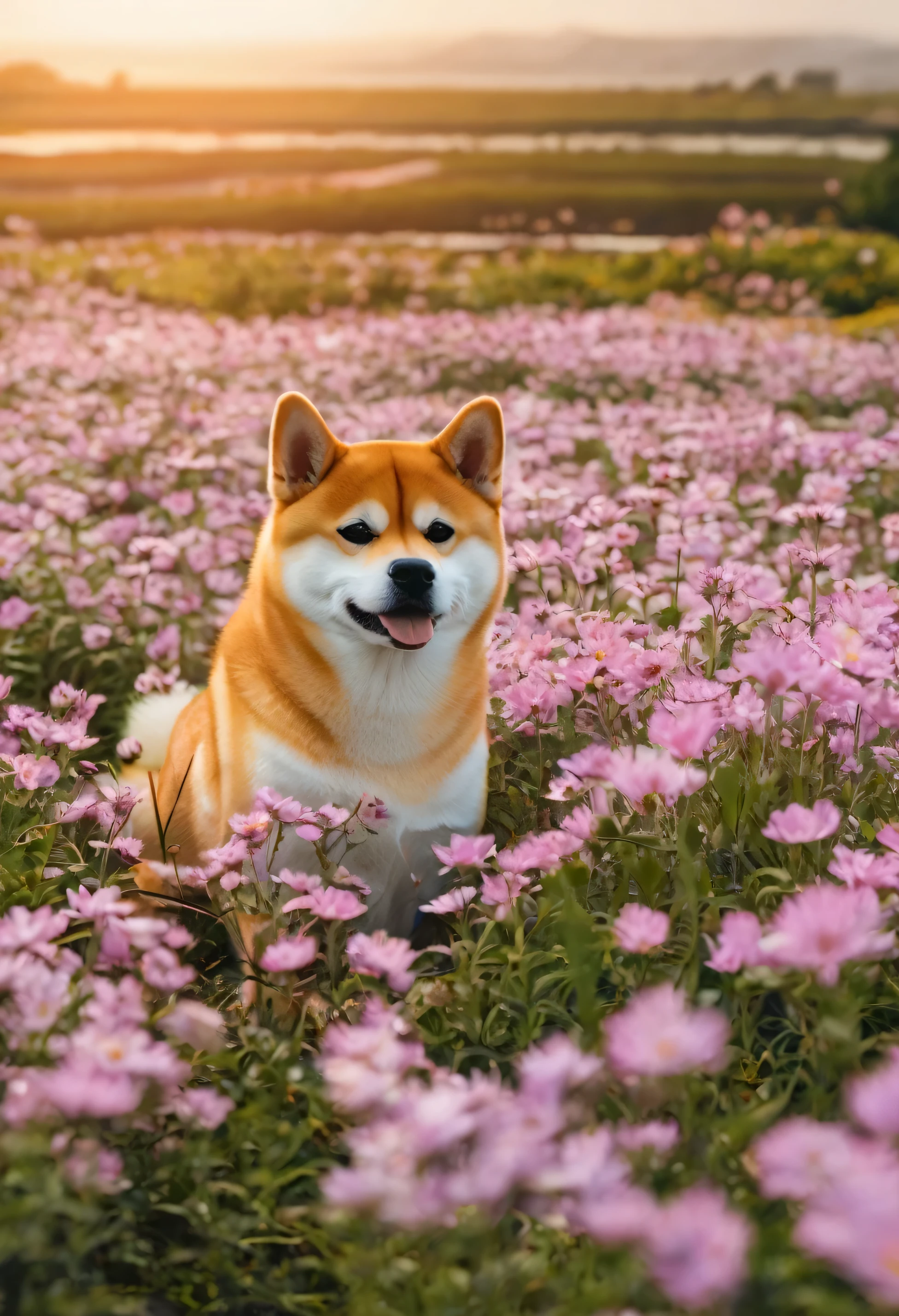 shiba inu in a flower field