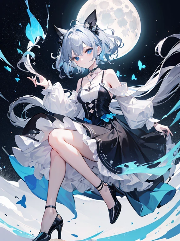 highest quality,(((Gray with blue hair)))(((bob hair))),whole body,bustle black skirt蝶,Moon Necklace,Black pumps,wavy hair,Slender,middle chest,whole body,white background