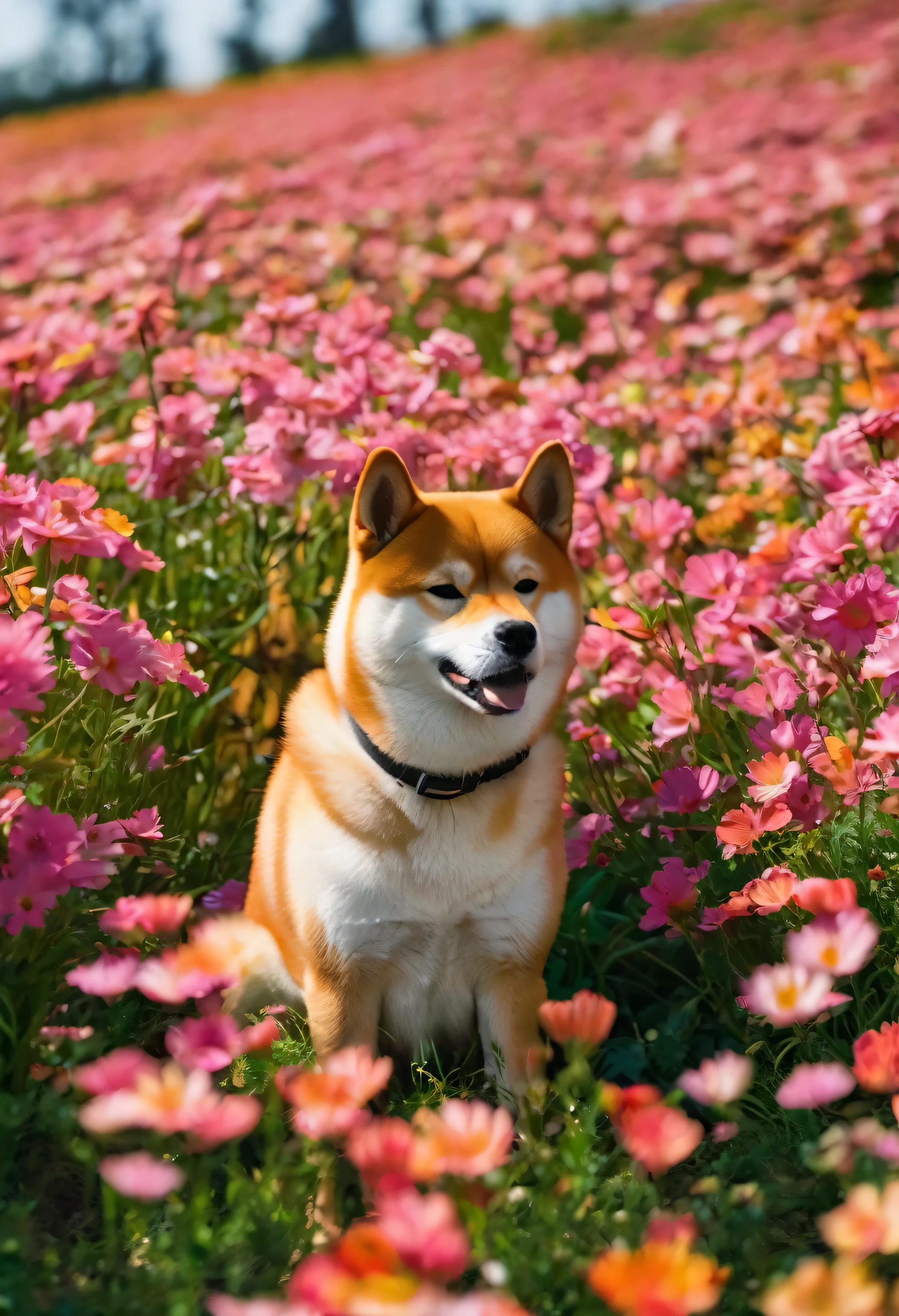 shiba inu in a flower field