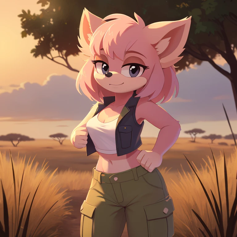 ((Highly detailed)), ((Perfect quality)), ((studio quality)), ((Masterpiece)), ((highres)), ((8k uhd)), ((Good face)), ((Good anatomy)), (((4k))), female hedgehog with light pink fur and tan skin, fluffy bangs, black eyes, small breasts, in the African savanna, golden hour, dim lighting, wearing a dark green cropped vest, and beige cargo pants